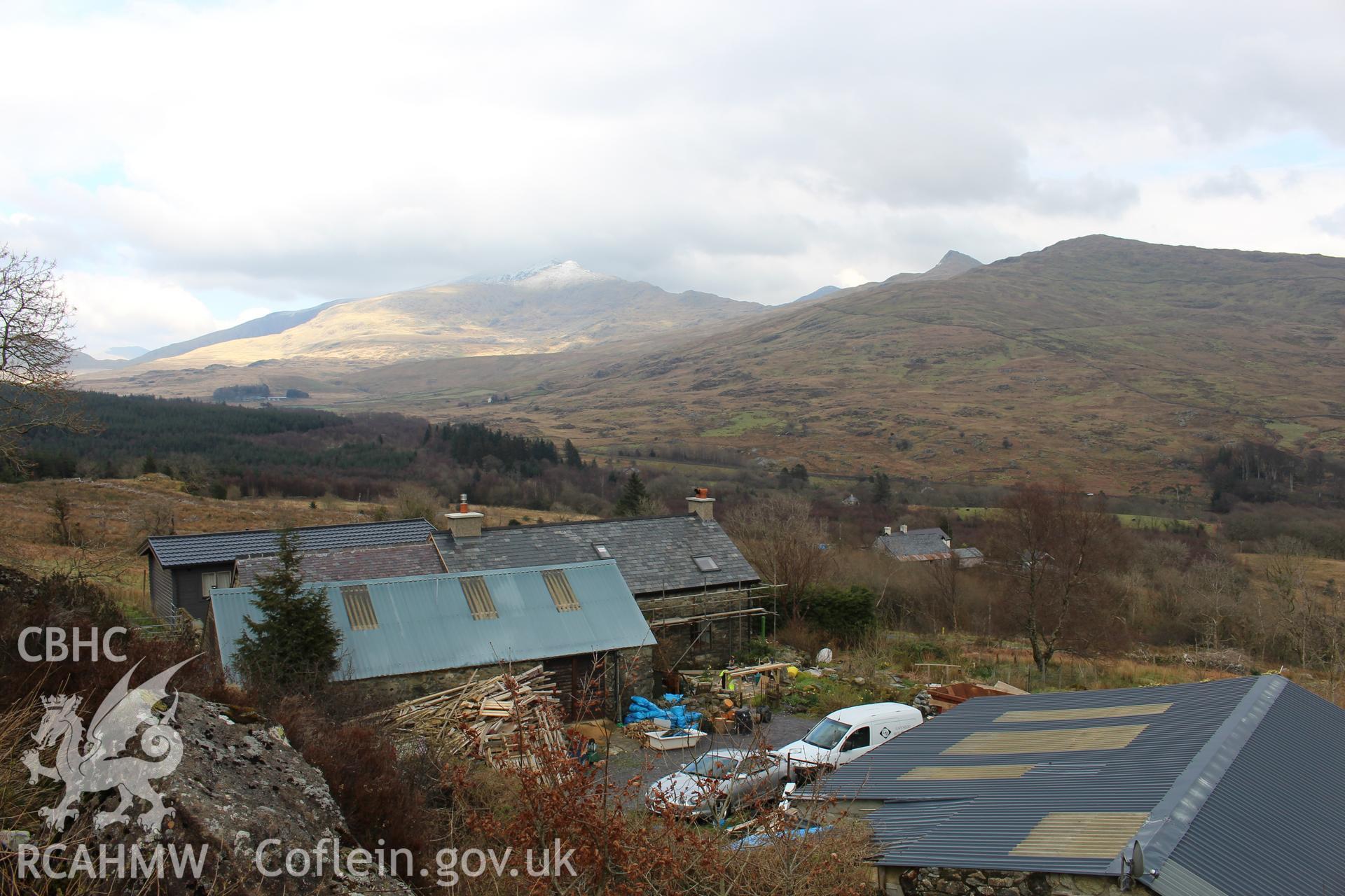 Exterior: Hafodruffydd-uchaf and dower house, viewed from south, with Snowdon in background.