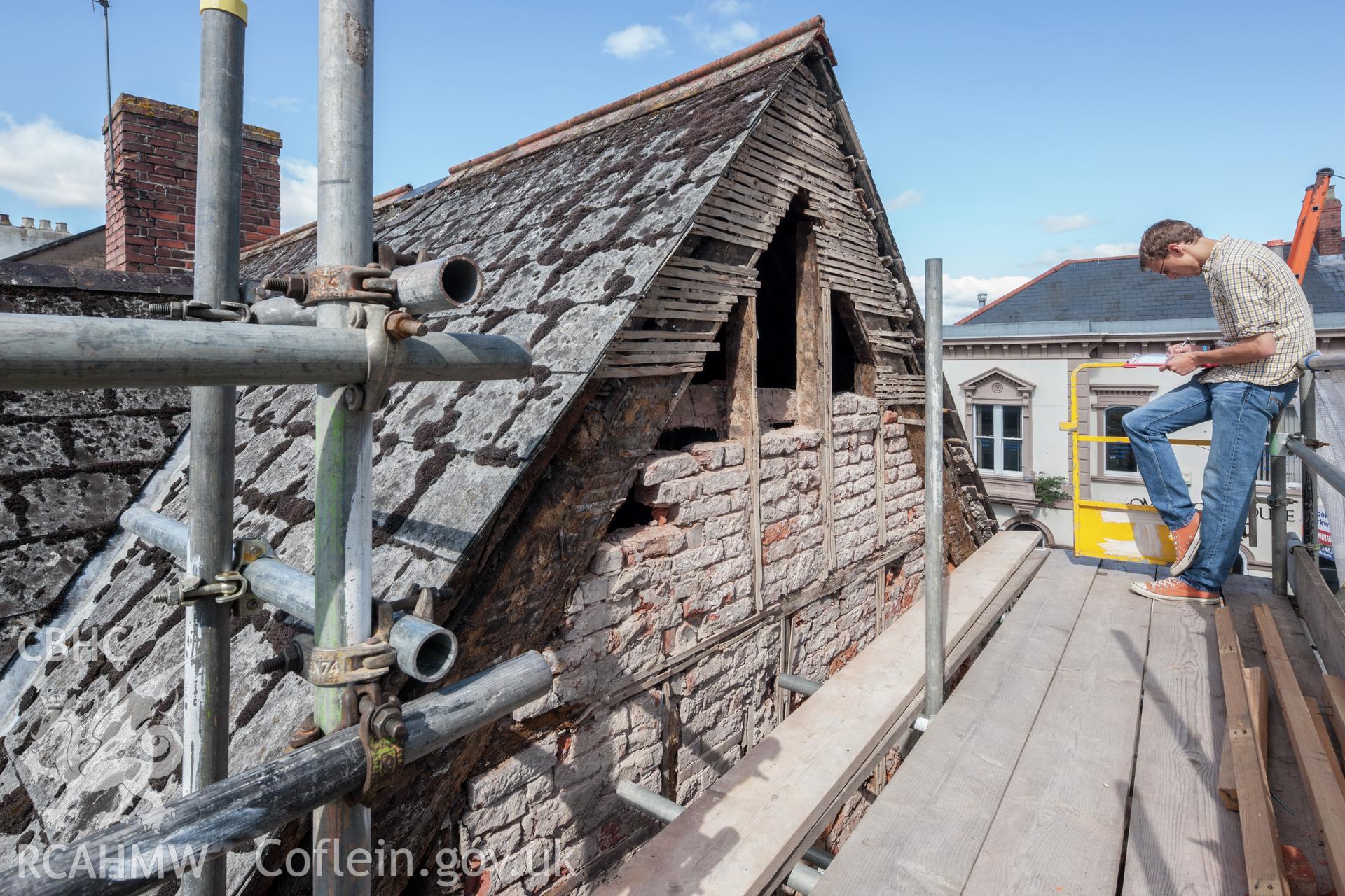Framing of gable wall at roof level viewed from the east