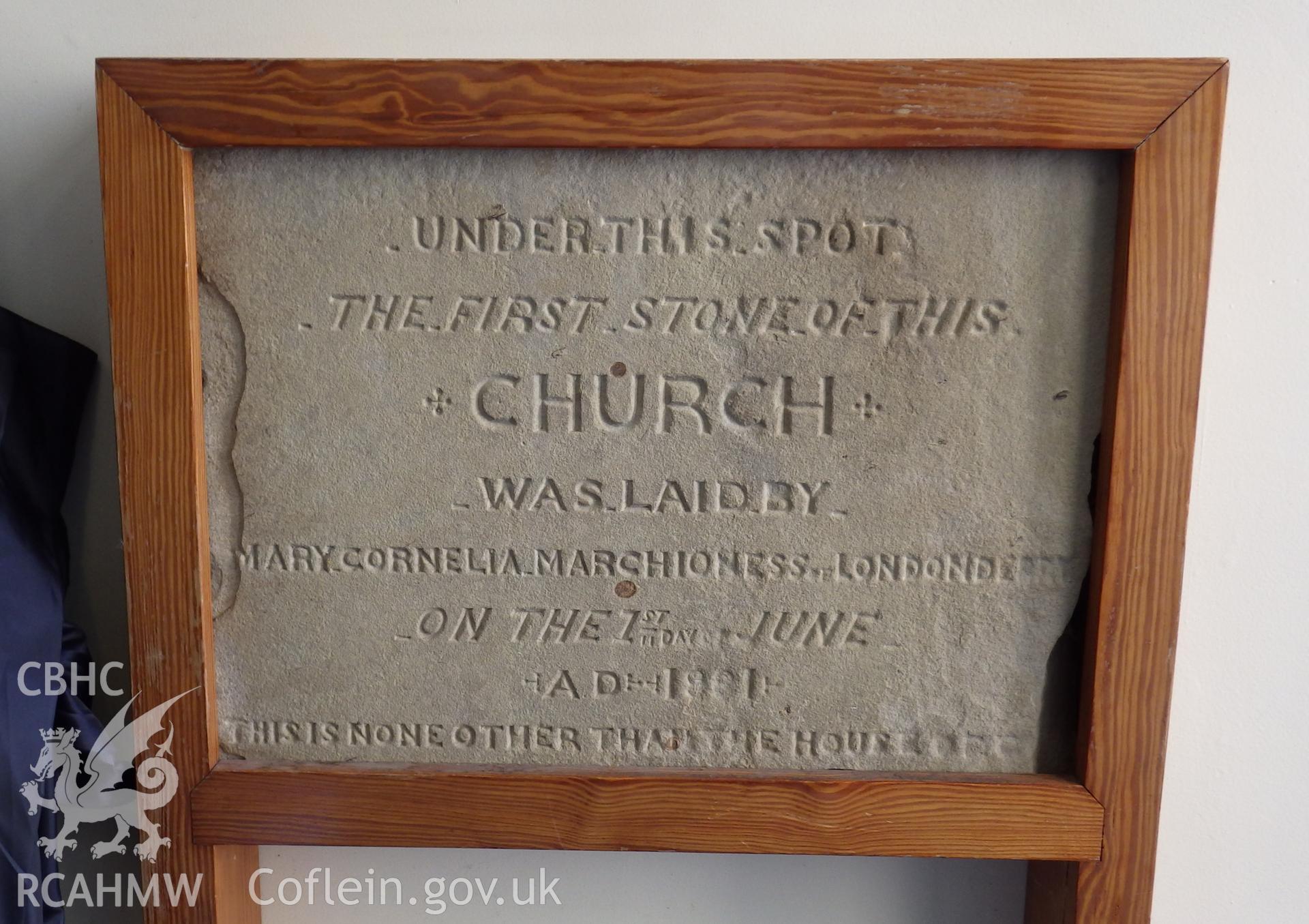 Photographs of the dedication stone of Christ Church, Heol Maengwyn, Machynlleth