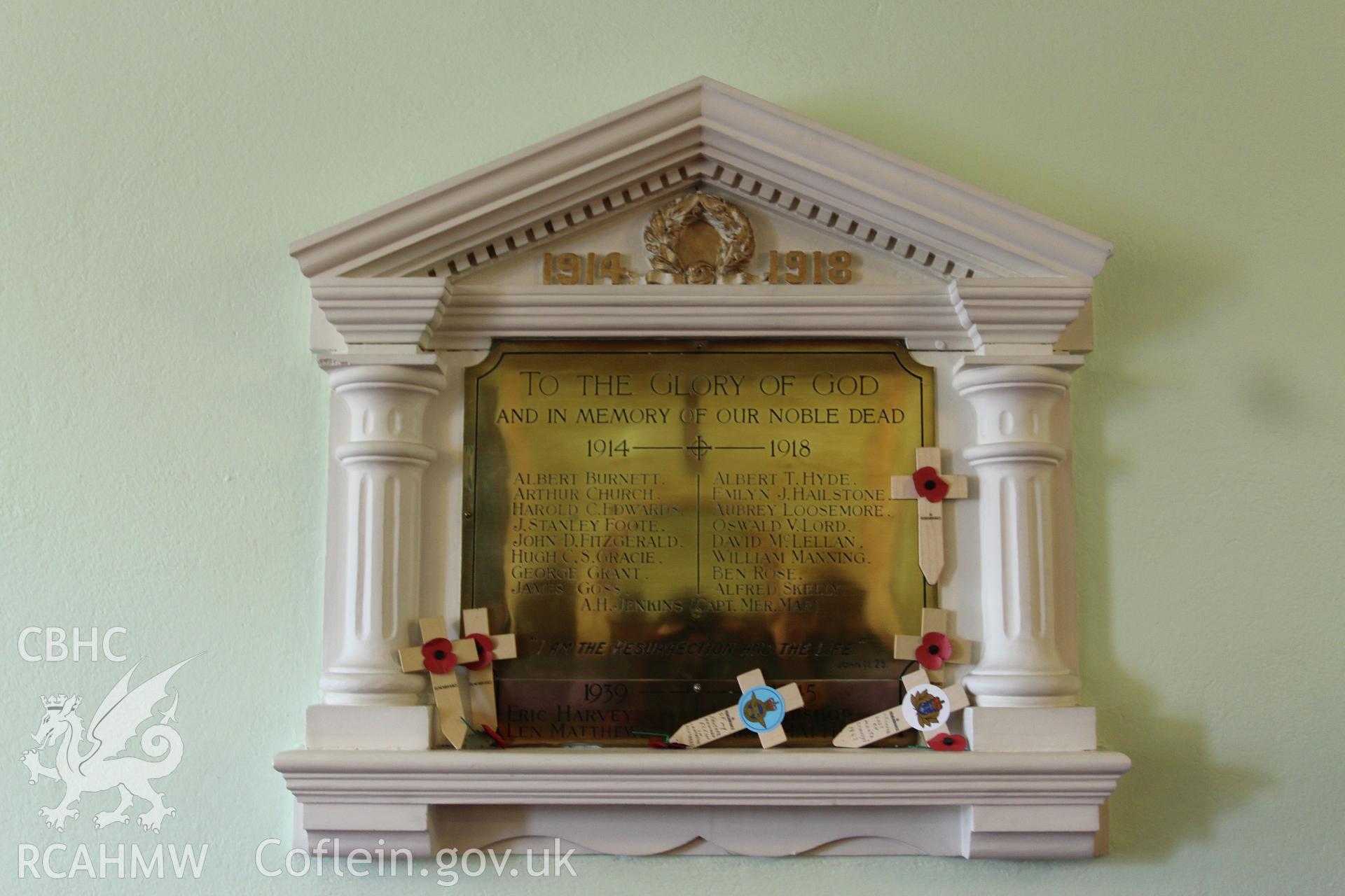 Interior of Hope Baptist Chapel, detail of war memorial