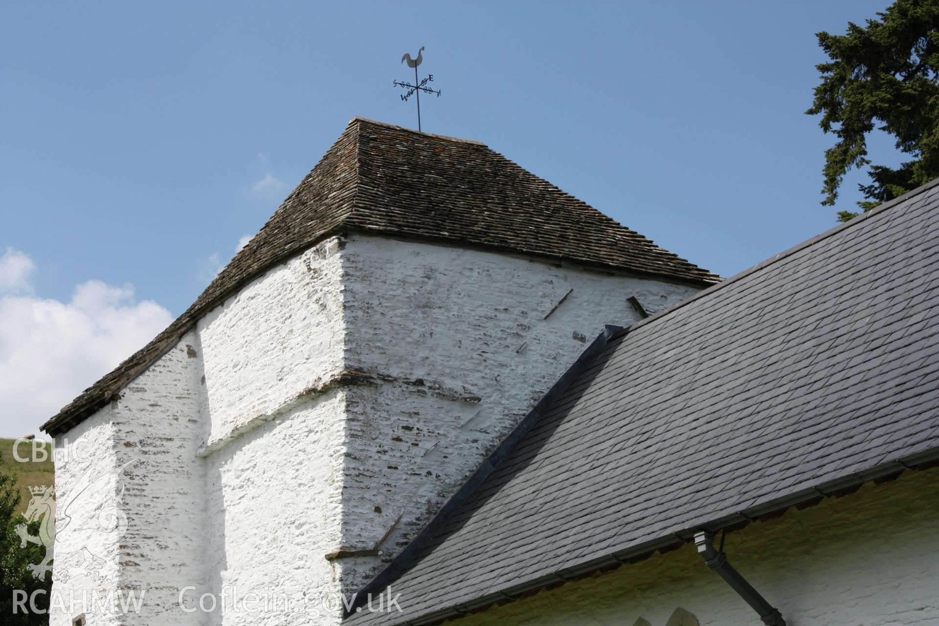 St Mary's Church, Pilleth. Exterior view showing evidence of an earlier nave roof line preserved on the east face of the tower  .