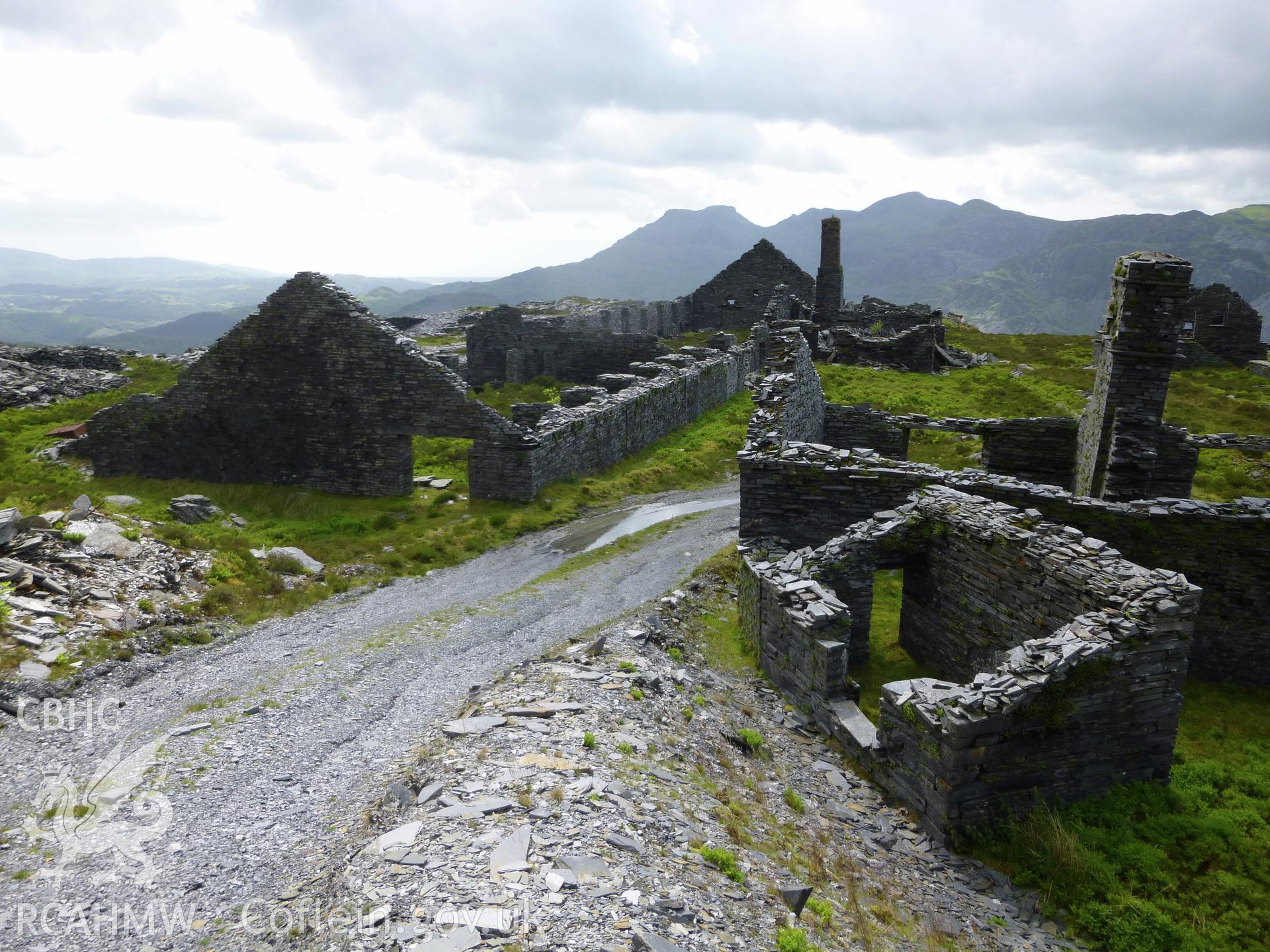 View looking south-west  across the ruins of the mill, floor 6, Diffwys Slate Quarry.