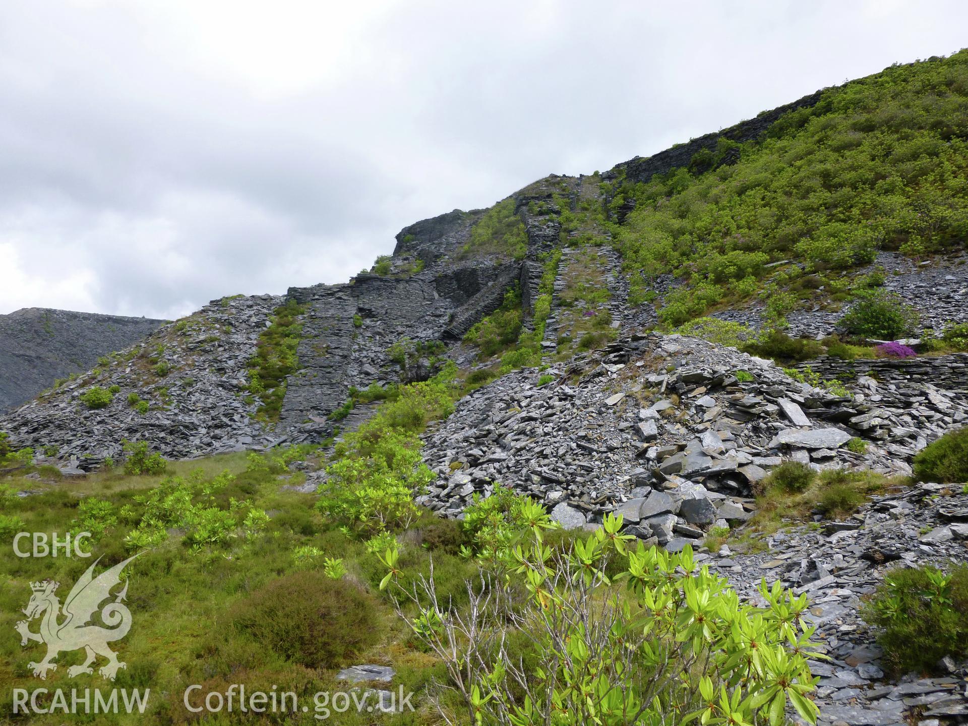 View looking north-east from Floor 0 of counter-balance incline plane (centre of image) operating between Floor 3 and Floor 0 of Diffwys Slate Quarry.