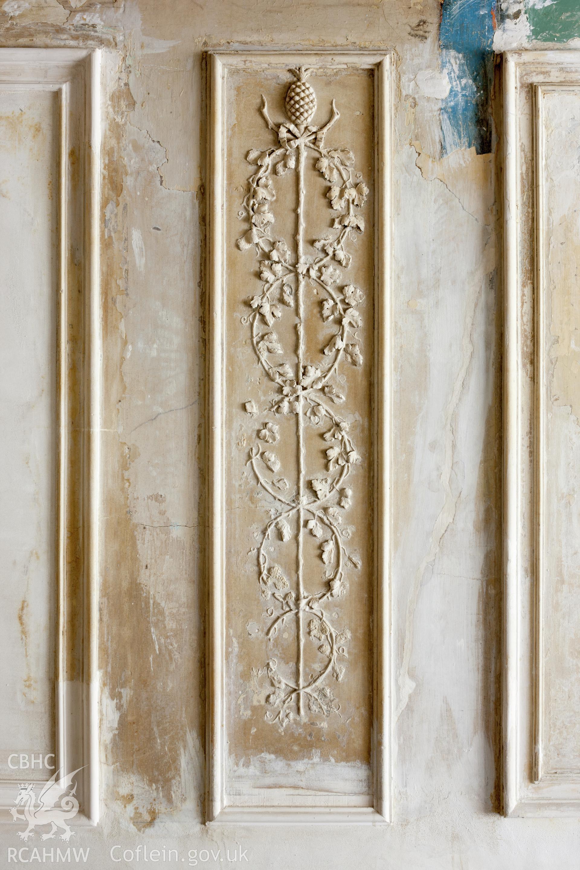 Interior of decorated plaster room, detail of plaster on northwest wall (west)