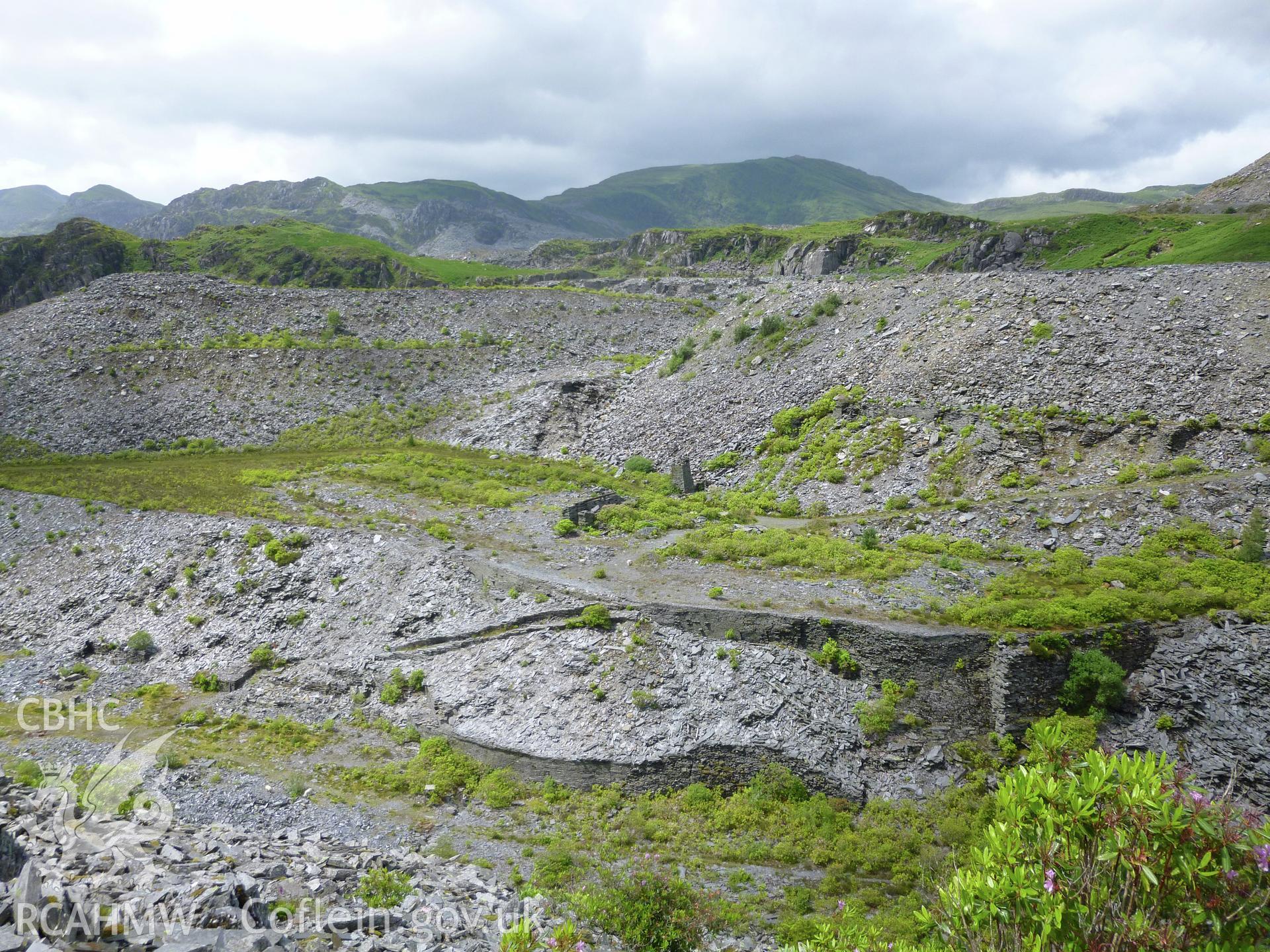 View looking north-west across the surviving remains of the Votty and Bowydd Slate Quarry.