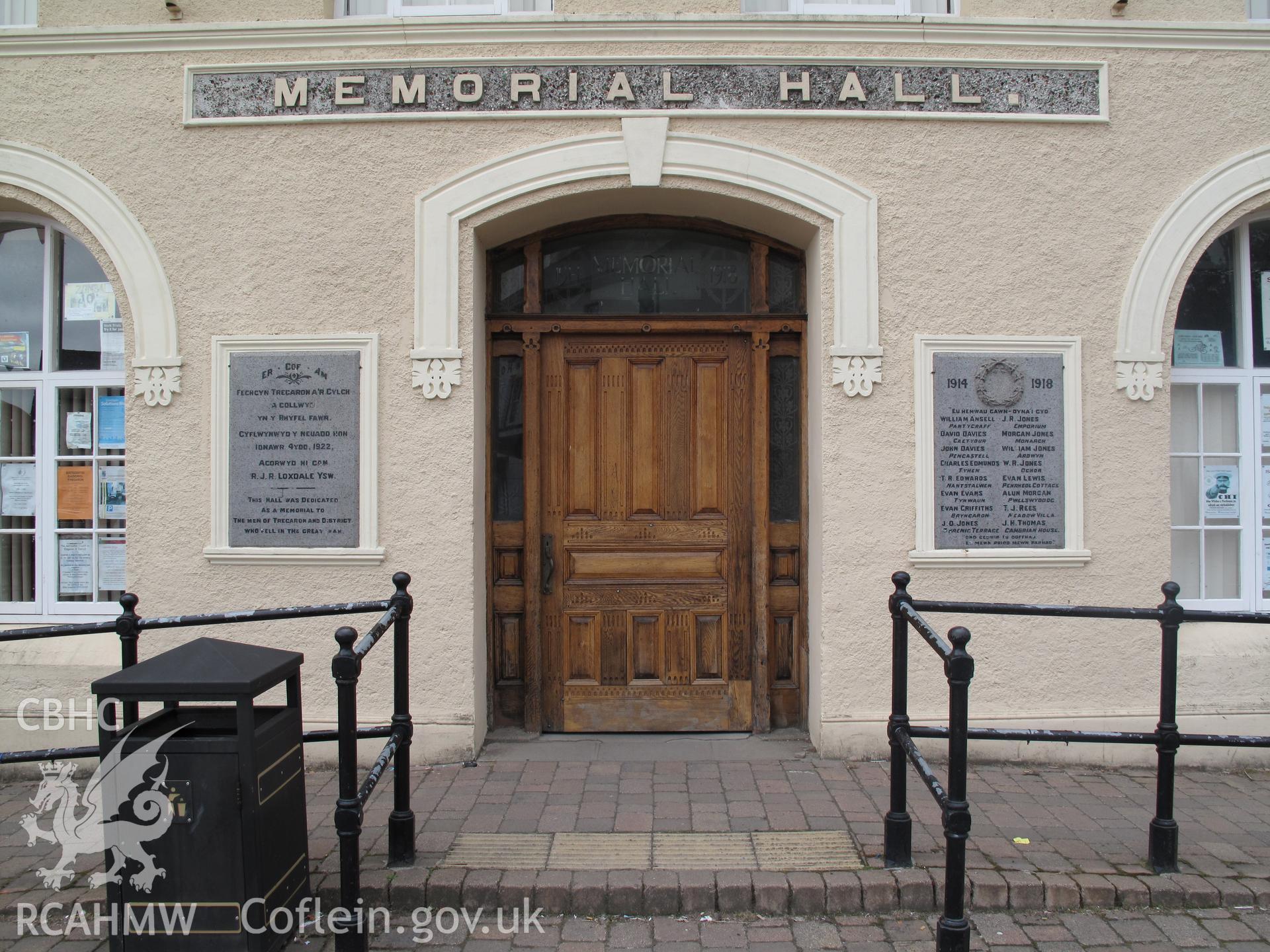 Detail of main entrance to the Memorial Hall, Tregaron.