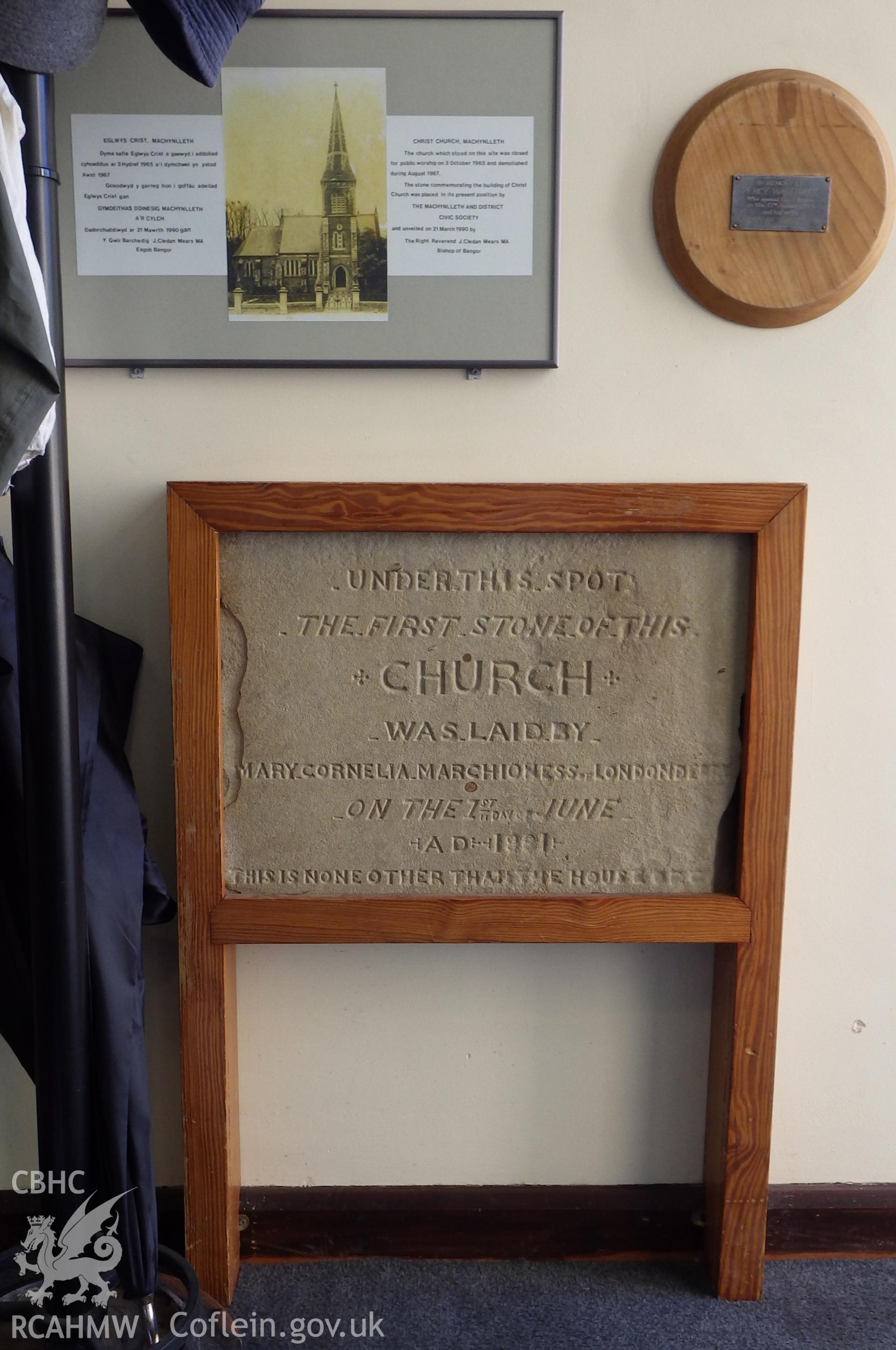 Photographs of the dedication stone of Christ Church, Heol Maengwyn, Machynlleth