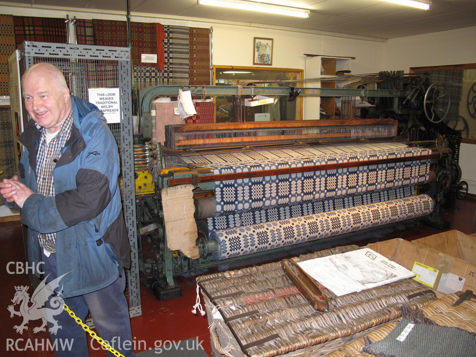 Dobcross weaving loom, with mill owner Mr Williams, Trefriw Woollen Mills.