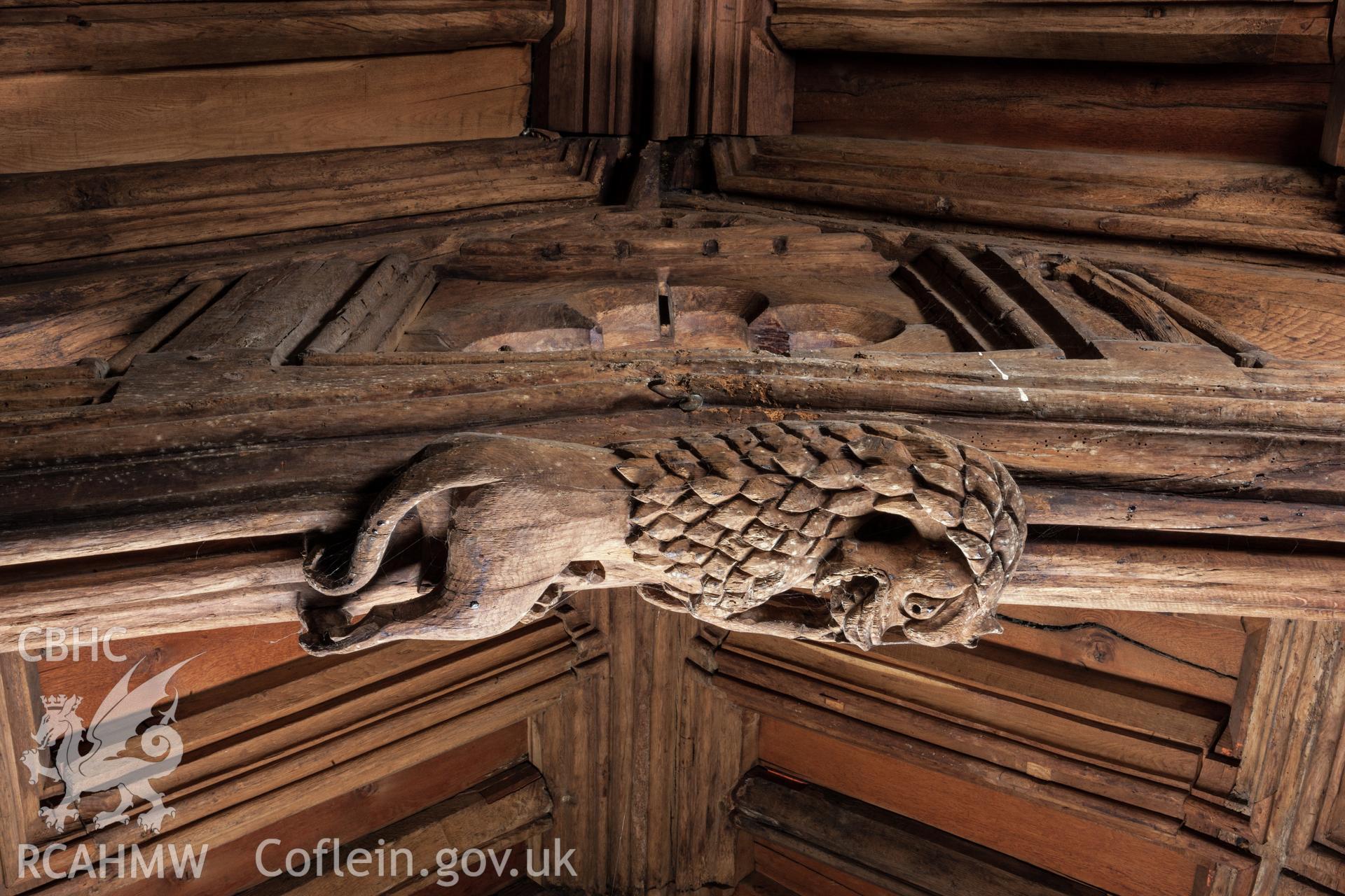Interior, roof, intermediate beam (3/4) central boss decoration