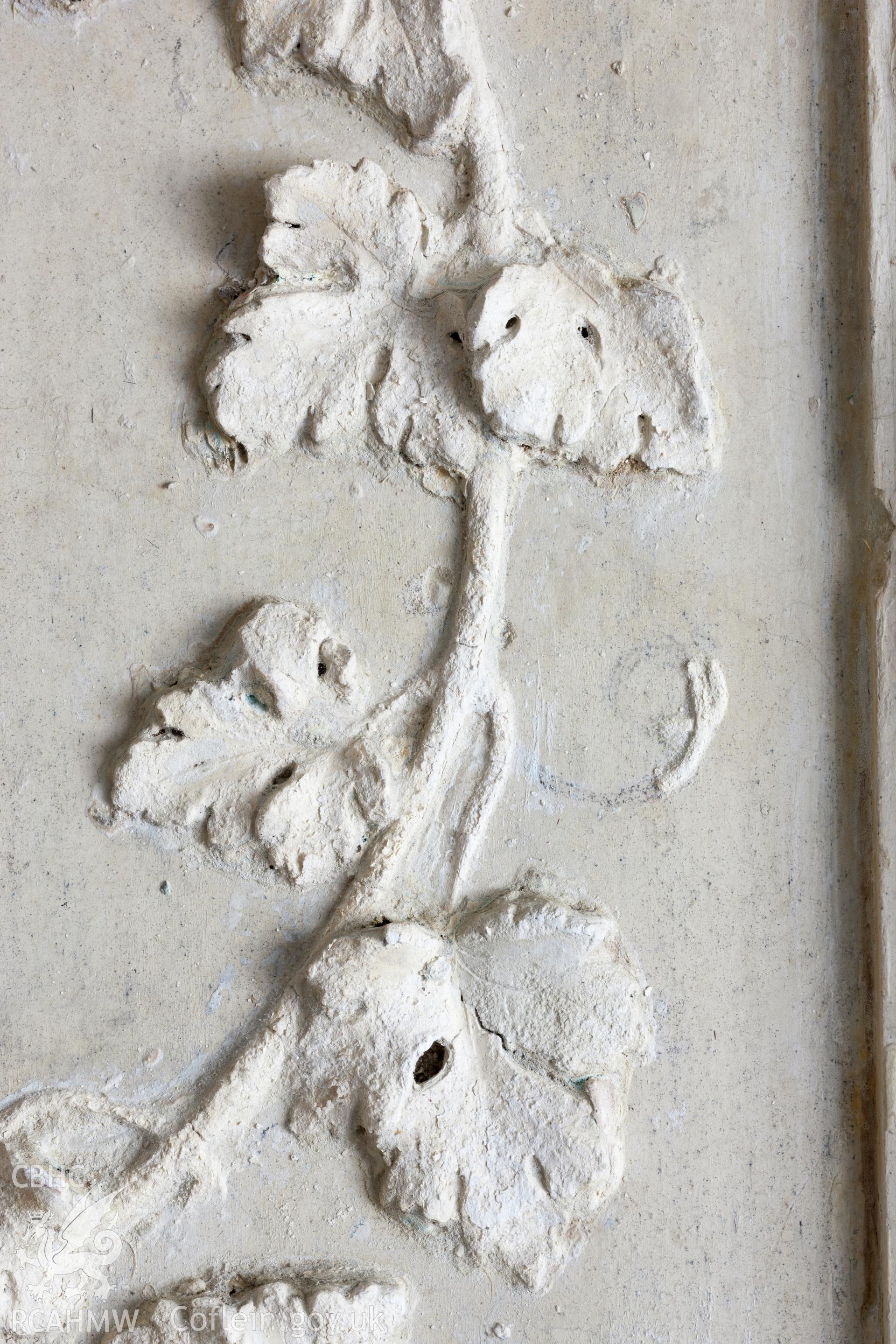 Interior of decorated plaster room, detail of plaster on northwest wall showing pencil layout