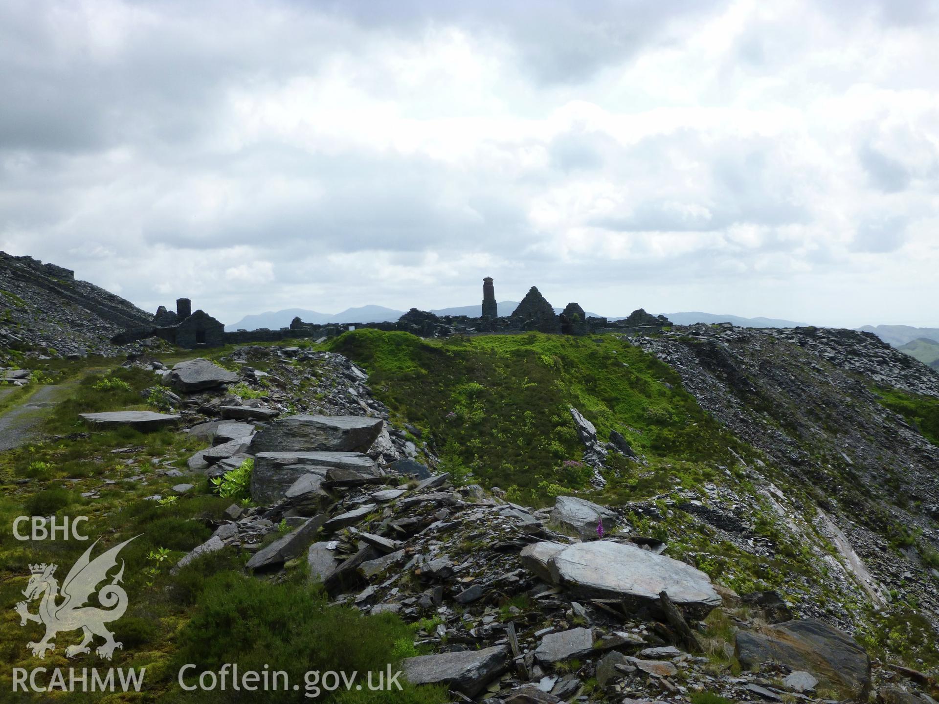 View looking south towards floor 6 and the ruins of the mill at Diffwys Slate Quarry.