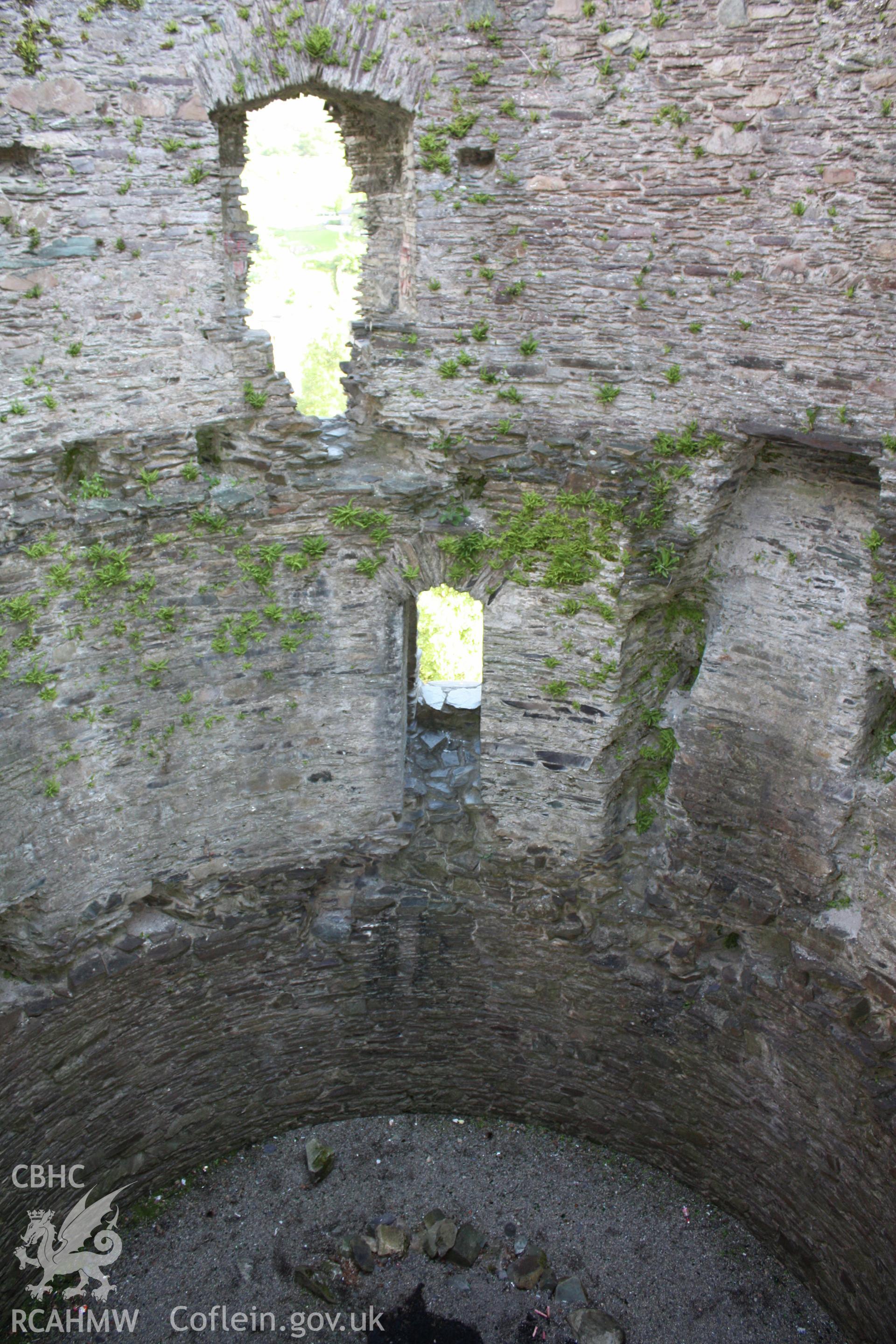 Dolbadarn Castle.  Keep interior showing the windows of the principal chamber on the second floor with roof line above.