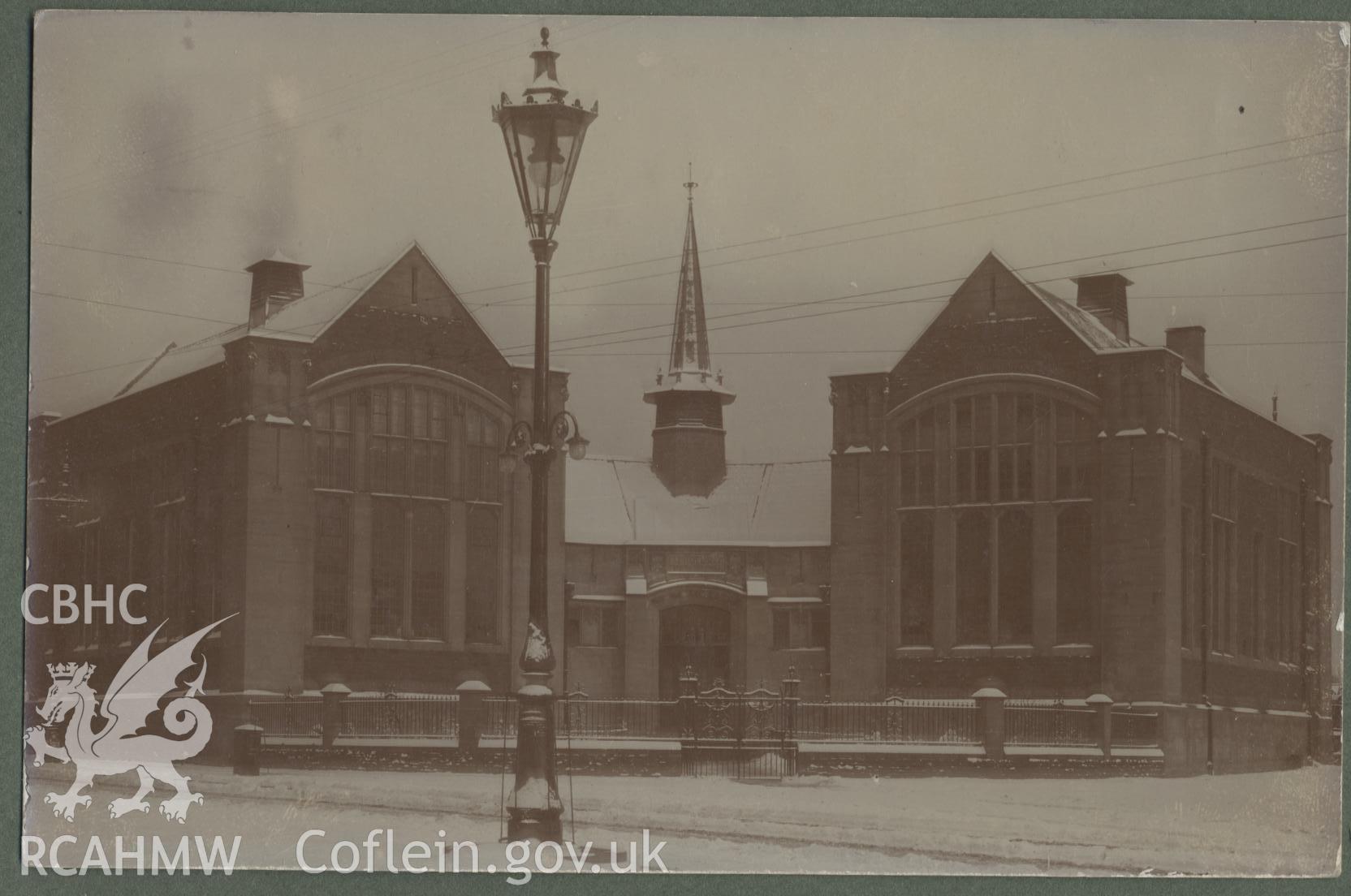 Black and white photograph showing the front exterior of Cathays Public Library, Cardiff, in the snow.