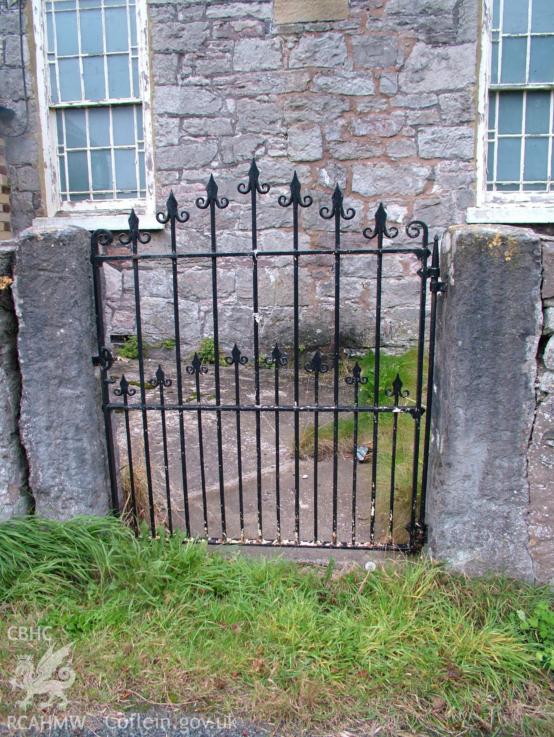 Digital colour photograph showing Llwynypandy chapel and chapel house - exterior view showing gate