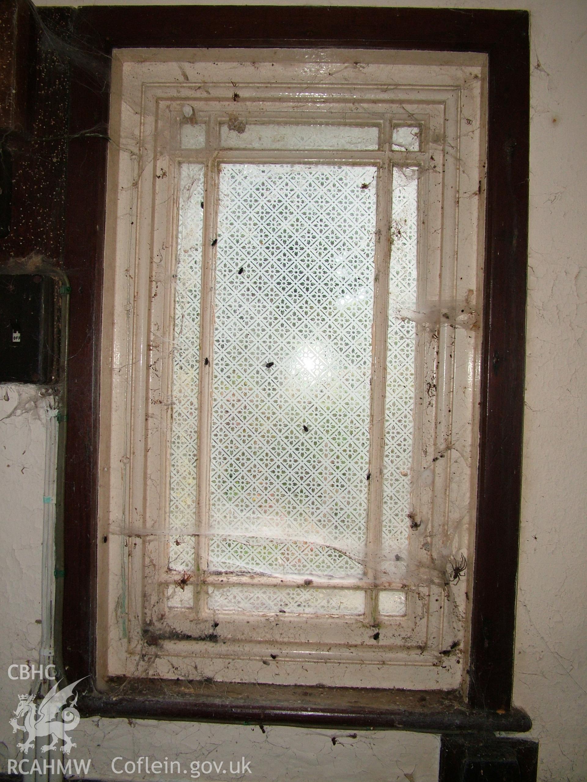 Digital colour photograph showing Llwynypandy chapel - interior view showing window