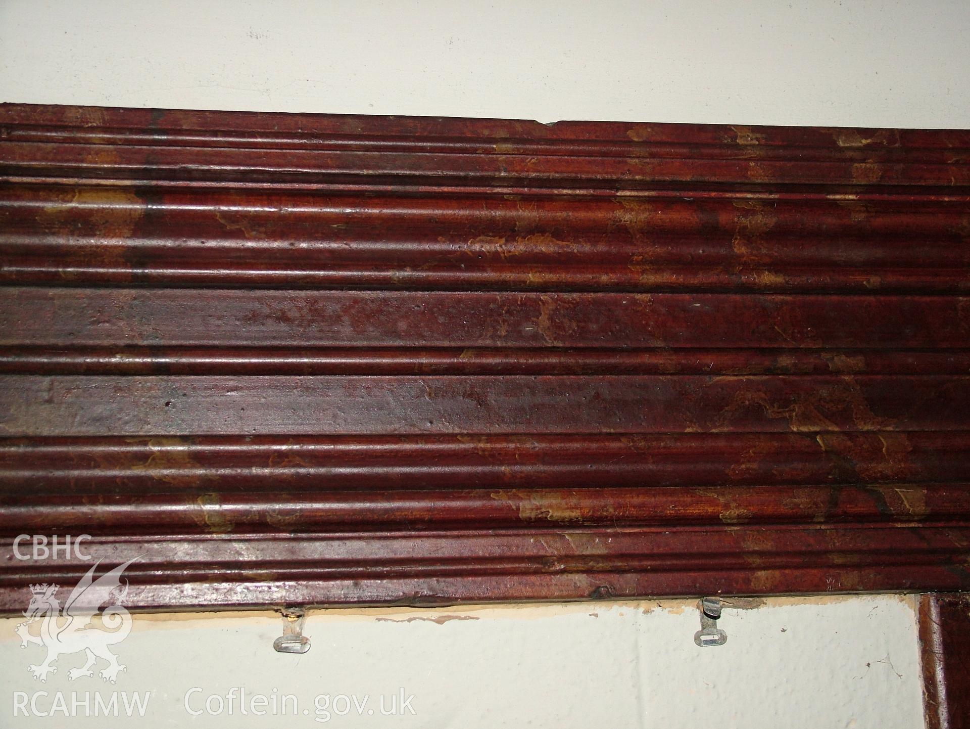 Digital colour photograph showing Llwynypandy chapel - interior view showing marble painted wood