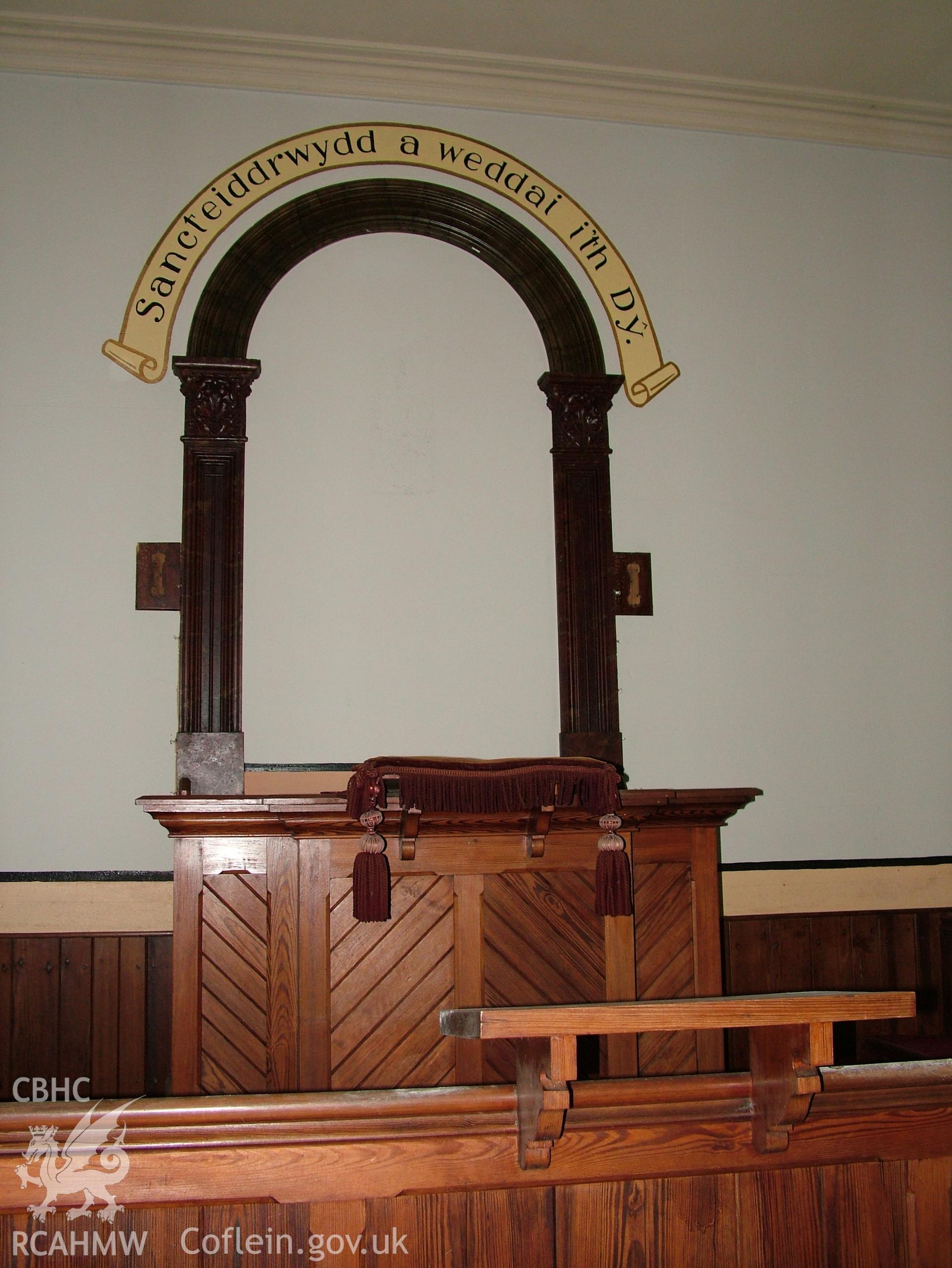 Digital colour photograph showing Llwynypandy chapel - interior view showing pulpit