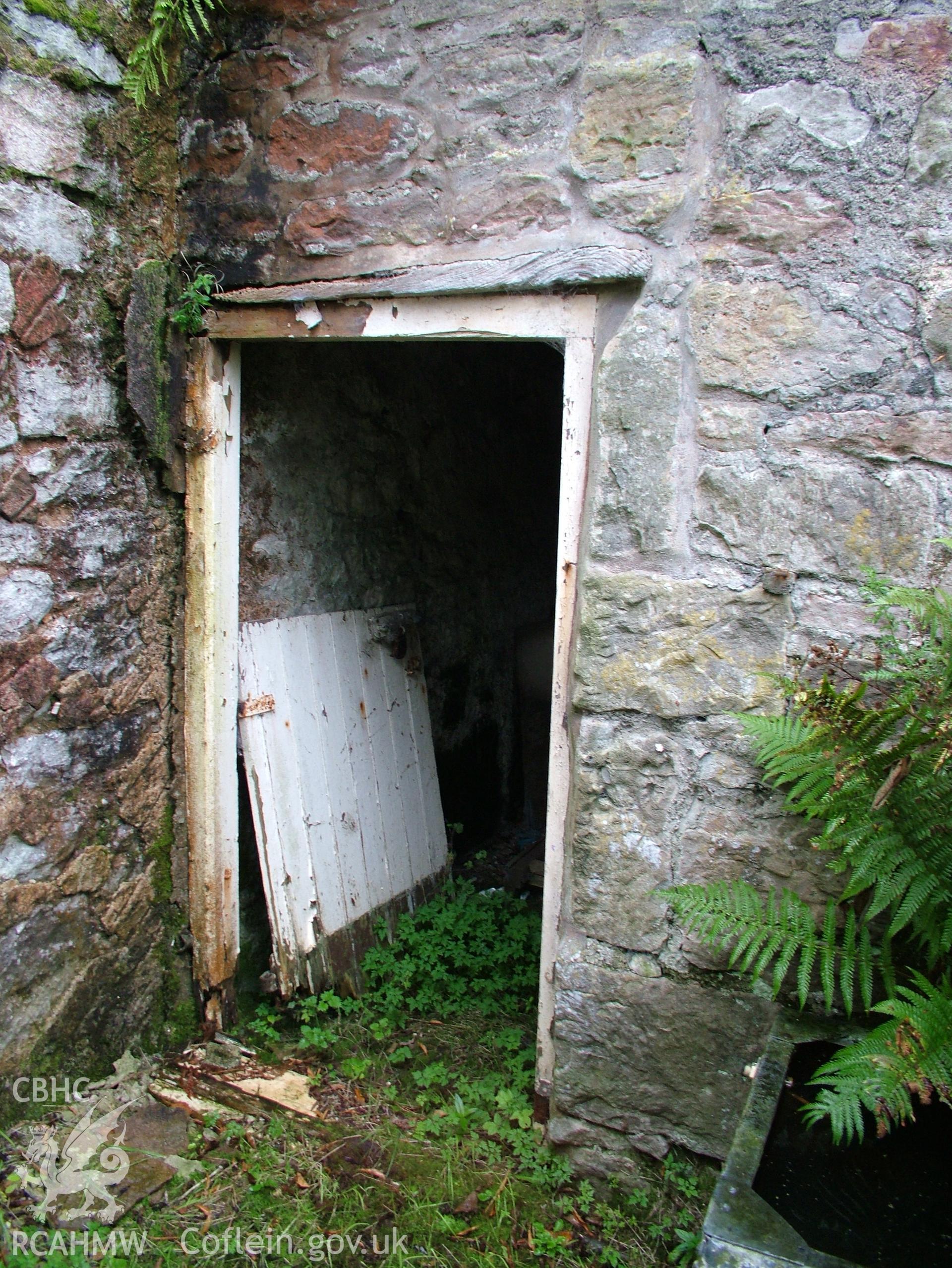 Digital colour photograph showing Llwynypandy chapel house - exterior view of extension doorway