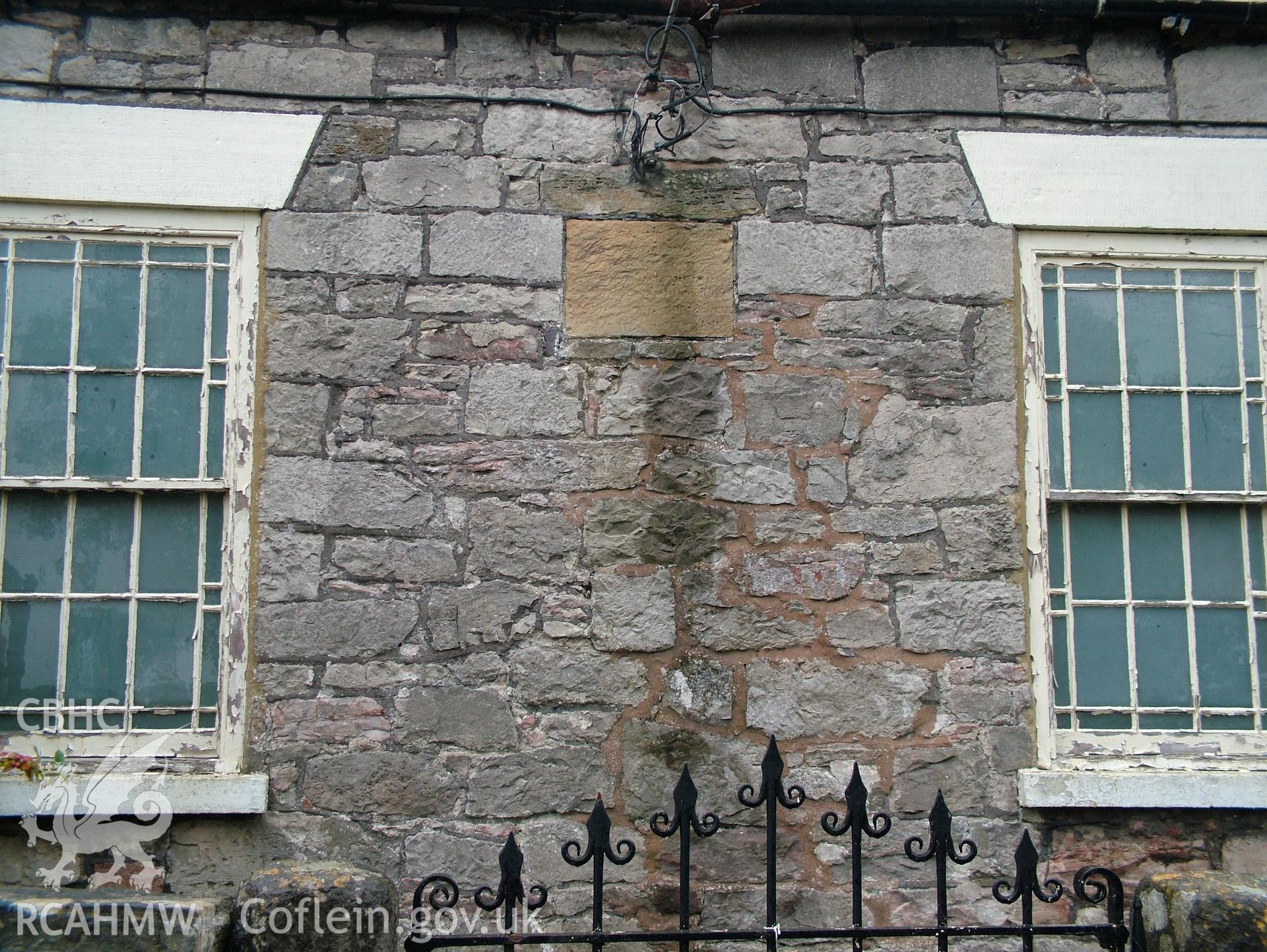 Digital colour photograph showing Llwynypandy chapel - exterior, foundation stone (worn)