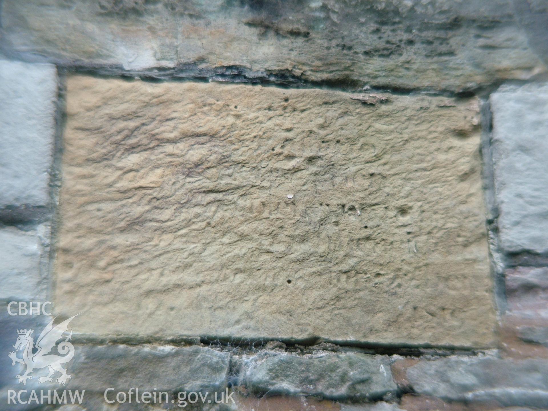 Digital colour photograph showing Llwynypandy chapel - exterior view showing datestone (eroded)