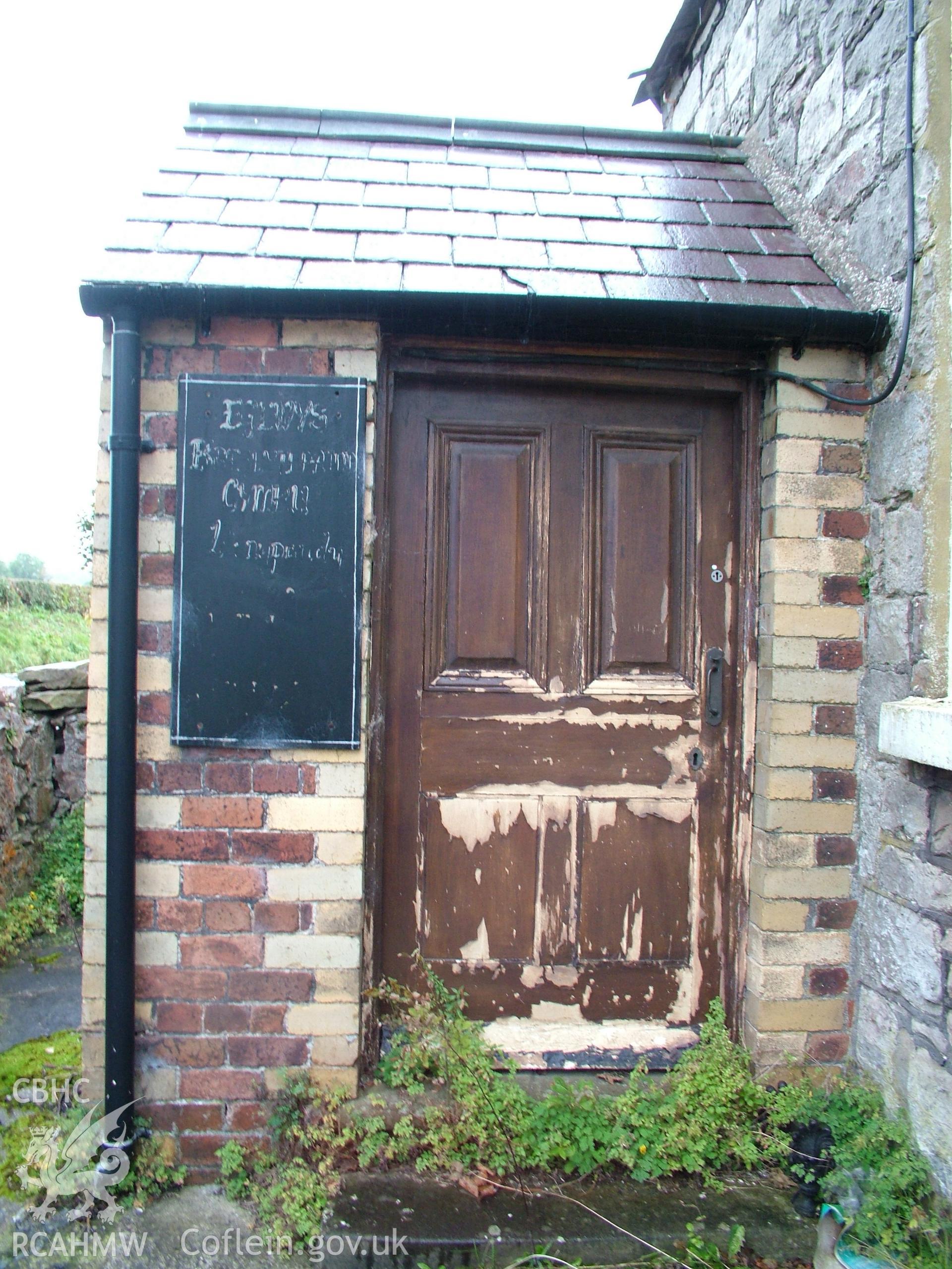 Digital colour photograph showing Llwynypandy chapel and chapel house - exterior view showing porch