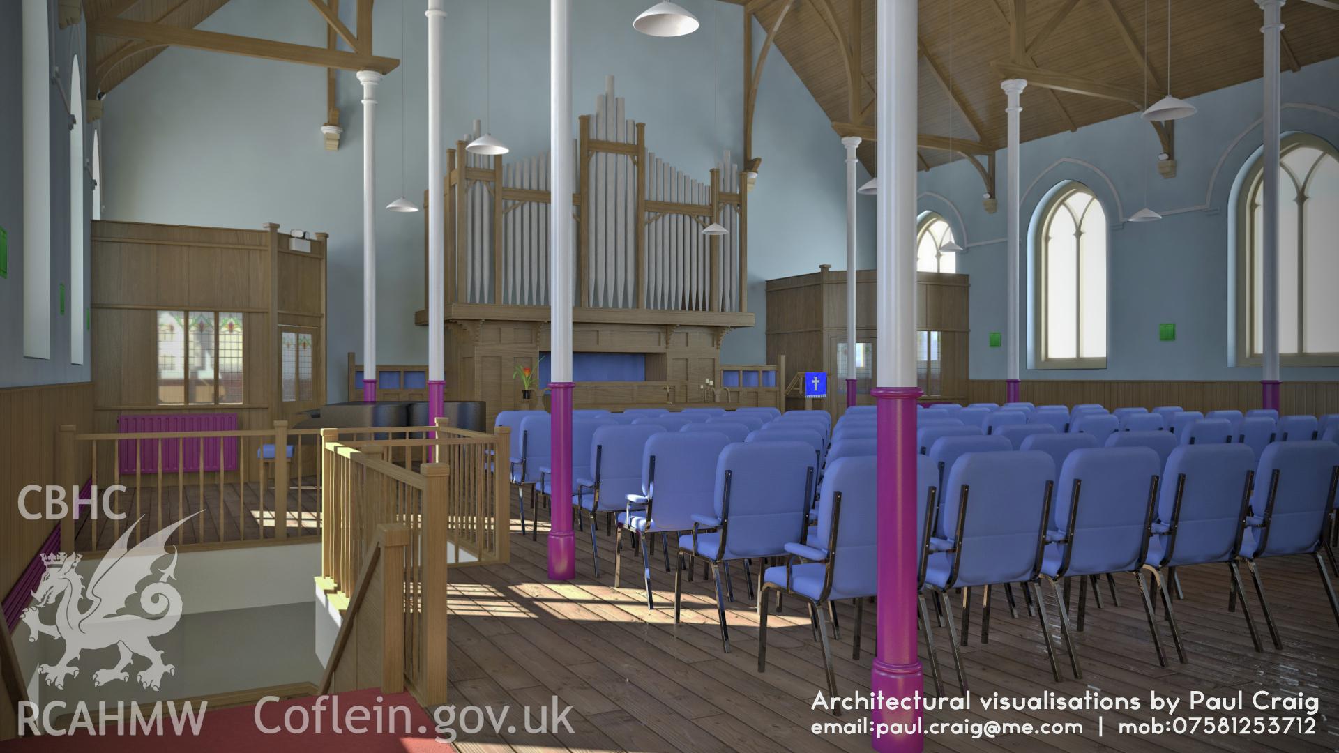 Computer generated image showing interior of Van Road United Reformed Church (phase three restoration).