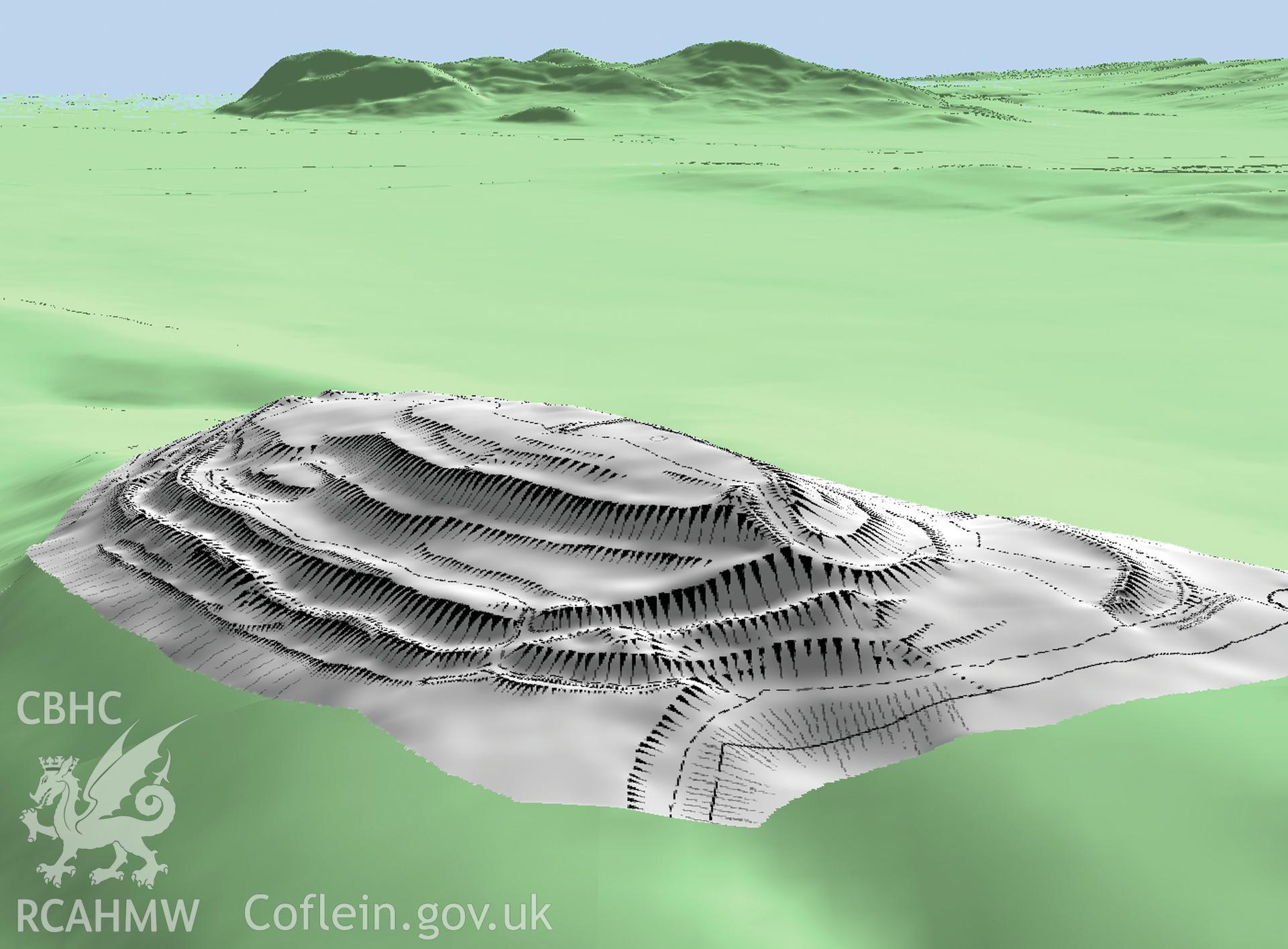 Virtual view of the hillfort, unencumbered by trees, looking across the Severn Valley to the Breidden Hills, from an RCAHMW digital survey of Gaer Fawr, Guilsfield, carried out by Louise Barker, 01/2007. The image is a still from a visualization used in RCAHMW's Hidden Histories TV programme.  It comprises RCAHMW survey data, with the surrounding height data provided by ?GeoPerspectives and ? Landmark Information Group Ltd.