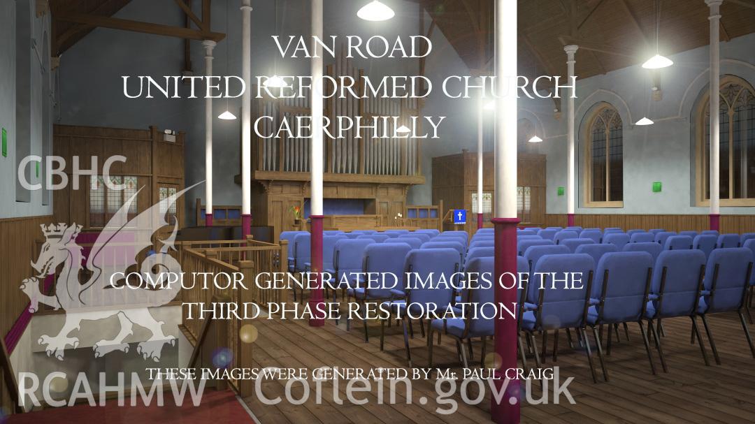 Computer generated image showing interior of Van Road United Reformed Church (phase three restoration).