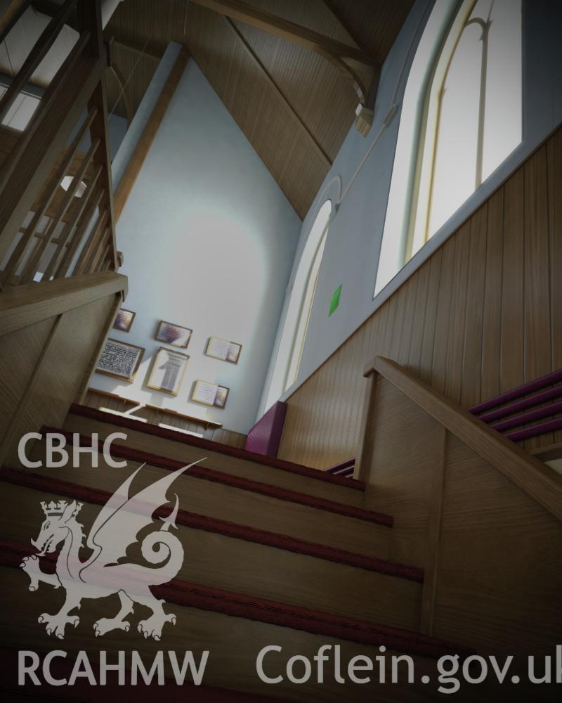 Computer generated image showing interior (stairs) of Van Road United Reformed Church (phase three restoration).