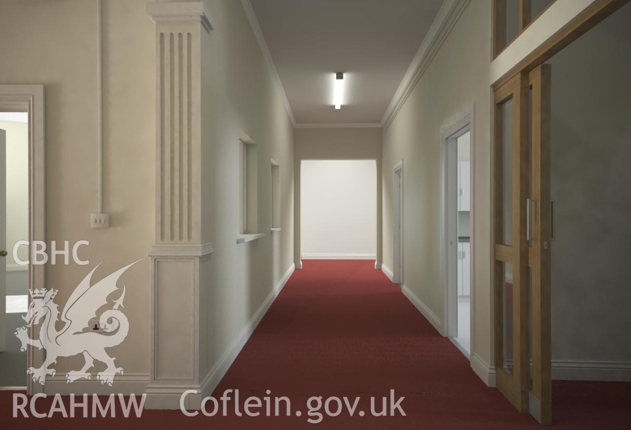 Computer generated image showing interior (corridor) of Van Road United Reformed Church (phase three restoration).