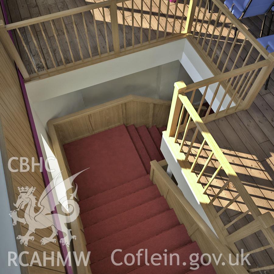 Computer generated image showing interior (stairs) of Van Road United Reformed Church (phase three restoration).