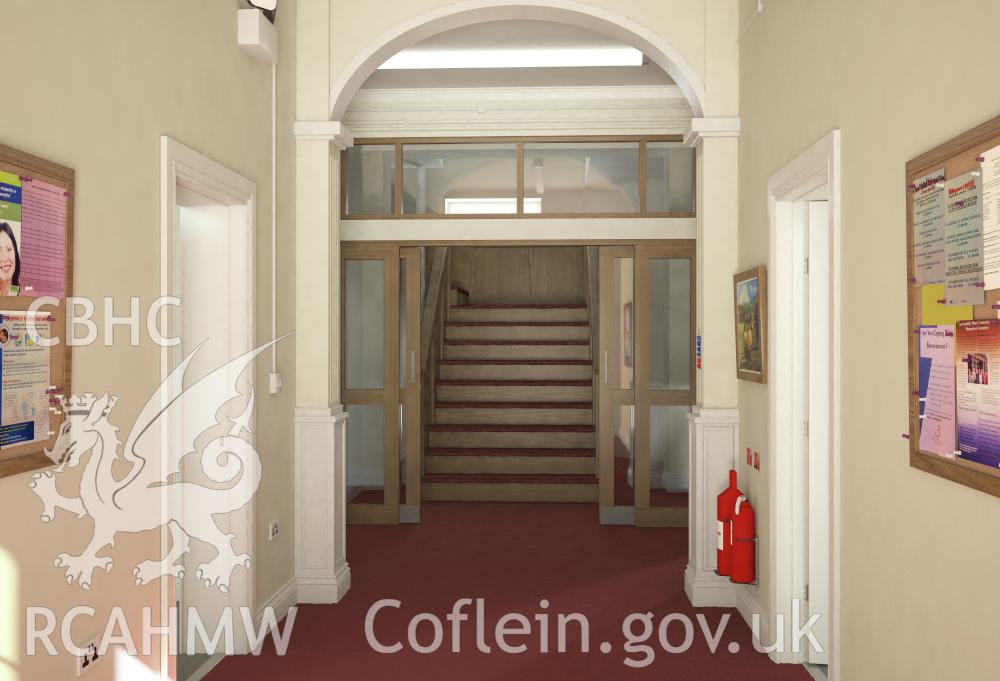 Computer generated image showing interior (hall) of Van Road United Reformed Church (phase three restoration).