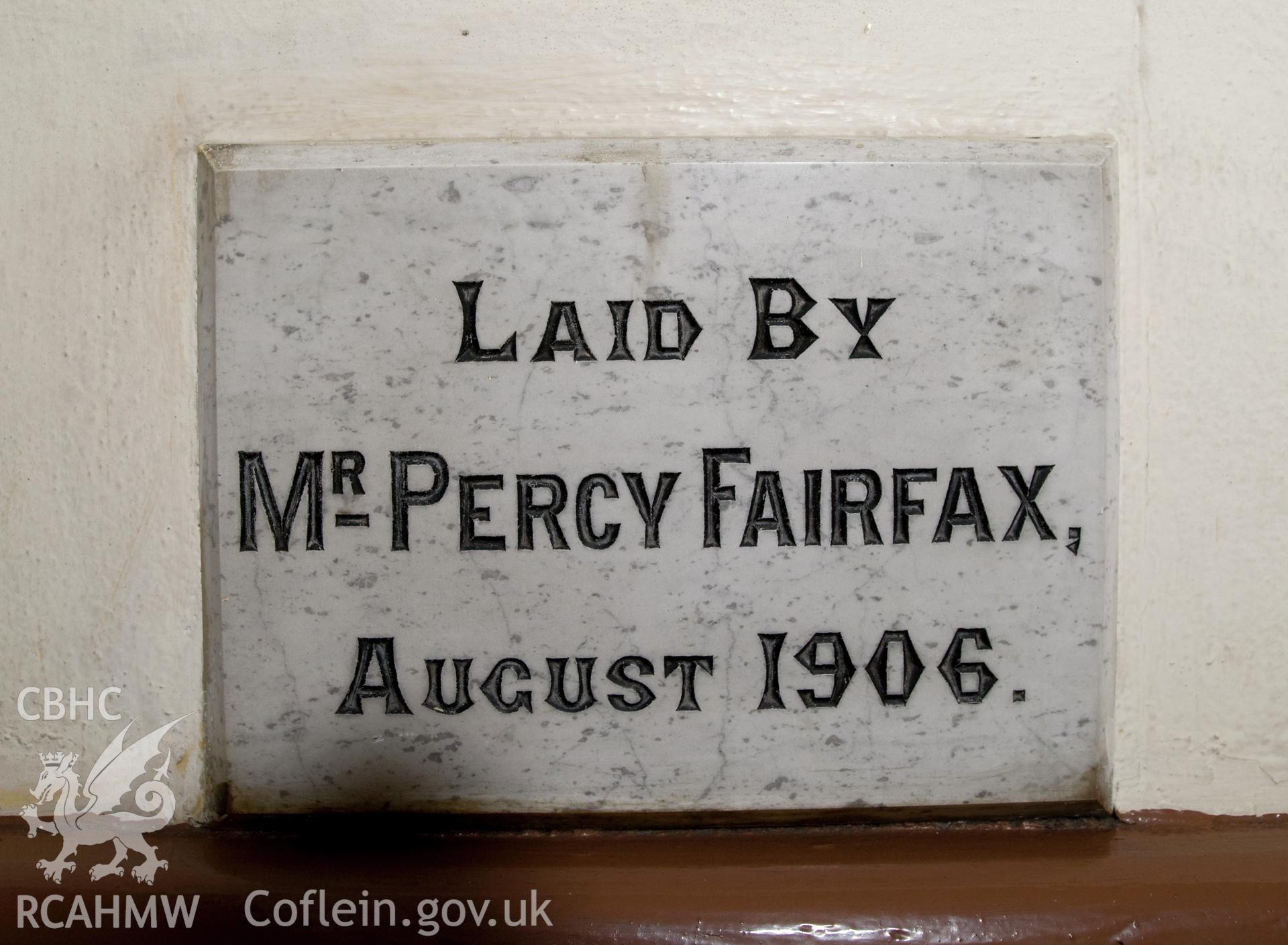 Hanbury Road baptist chapel, Bargoed, digital colour photograph showing completion stone laid by Mr Percy Fairfax, August 1906, received in the course of Emergency Recording case ref no RCS2/1/2247.
