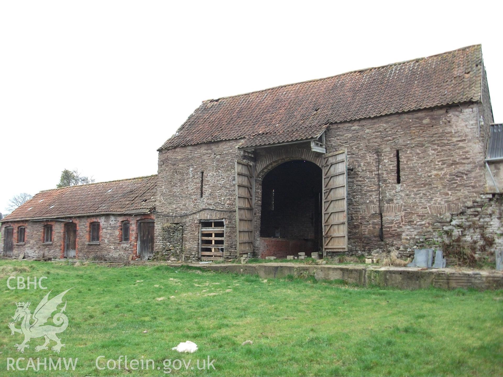 Colour digital photograph of exterior of barns; at Llangwm Isaf Farm, received in the course of Emergency Recording case ref no RCS2/1/1599.