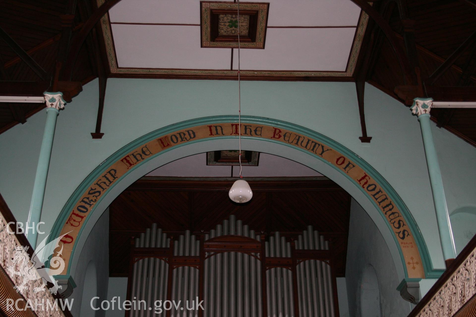Hanbury Road baptist chapel, Bargoed, digital colour photograph showing painted inscription above the organ, received in the course of Emergency Recording case ref no RCS2/1/2247.