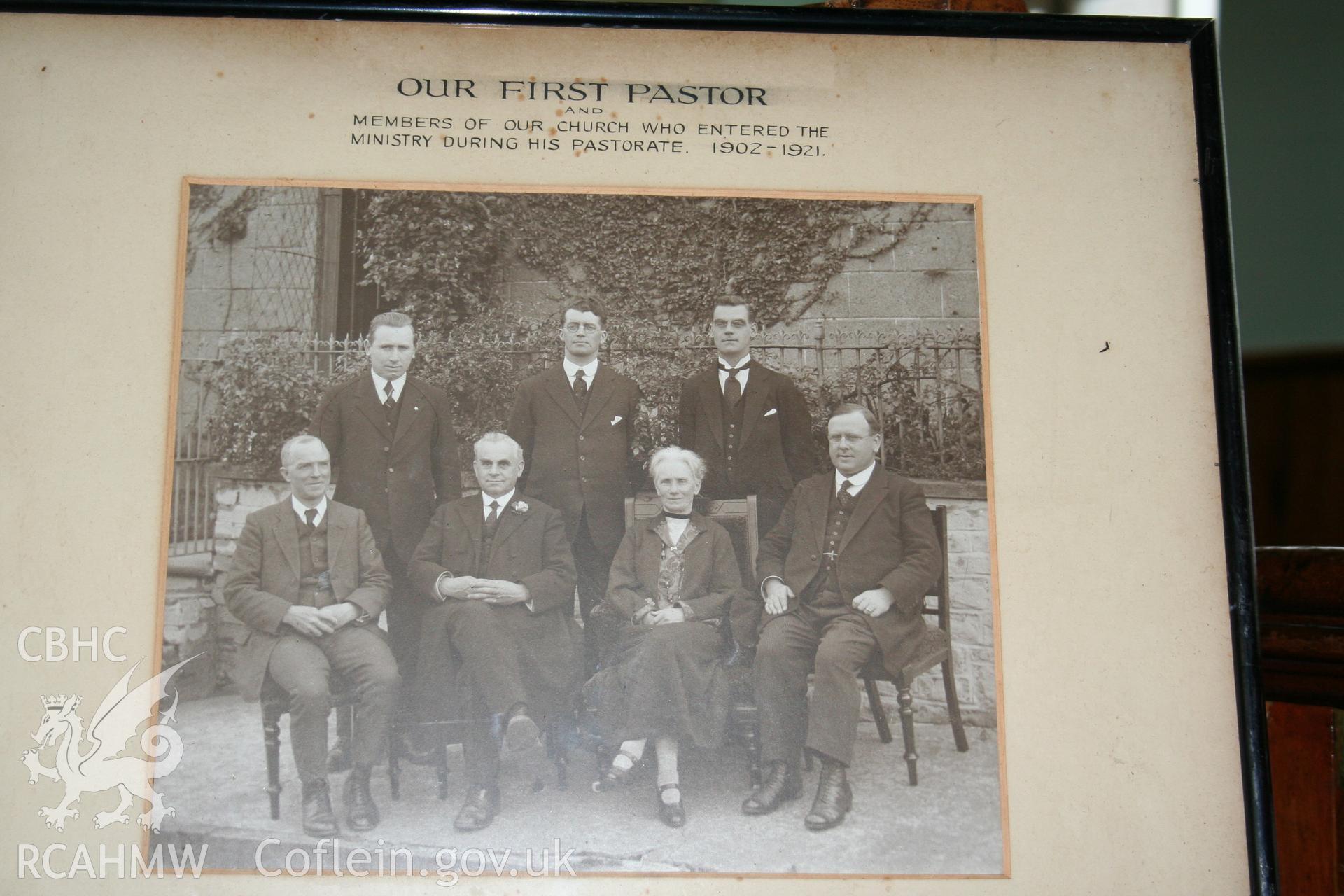 Hanbury Road baptist chapel, Bargoed, digital colour photograph showing Photograph of the Rev. Harri Edwards and members of Hanbury Road Chapel who entered the ministry during his pastorate, received in the course of Emergency Recording case ref no RCS2/1/2247.