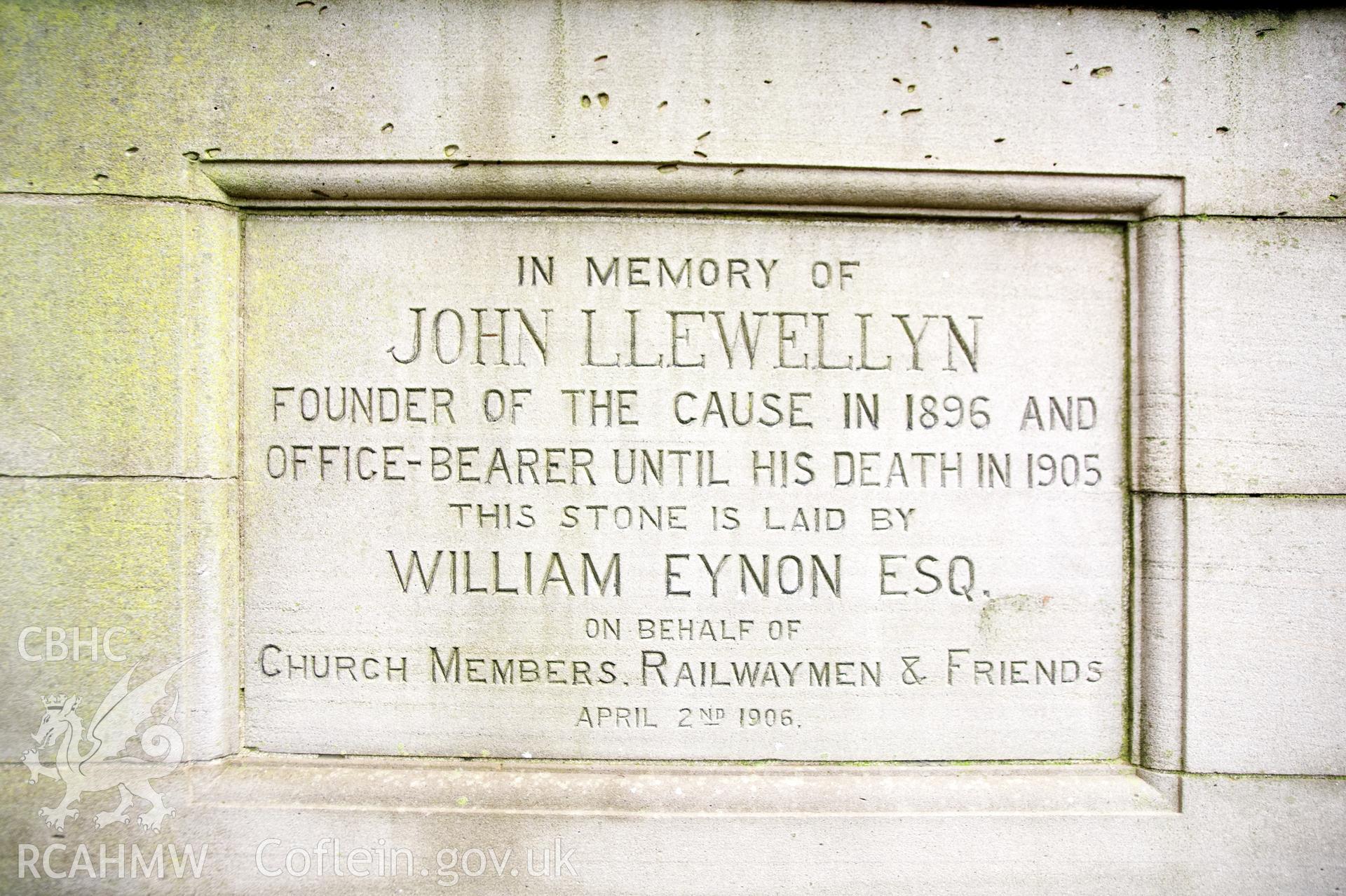 Hanbury Road baptist chapel, Bargoed, digital colour photograph showing the Foundation Stone laid by William Eynon, Esq., on 2nd April 1906, received in the course of Emergency Recording case ref no RCS2/1/2247.