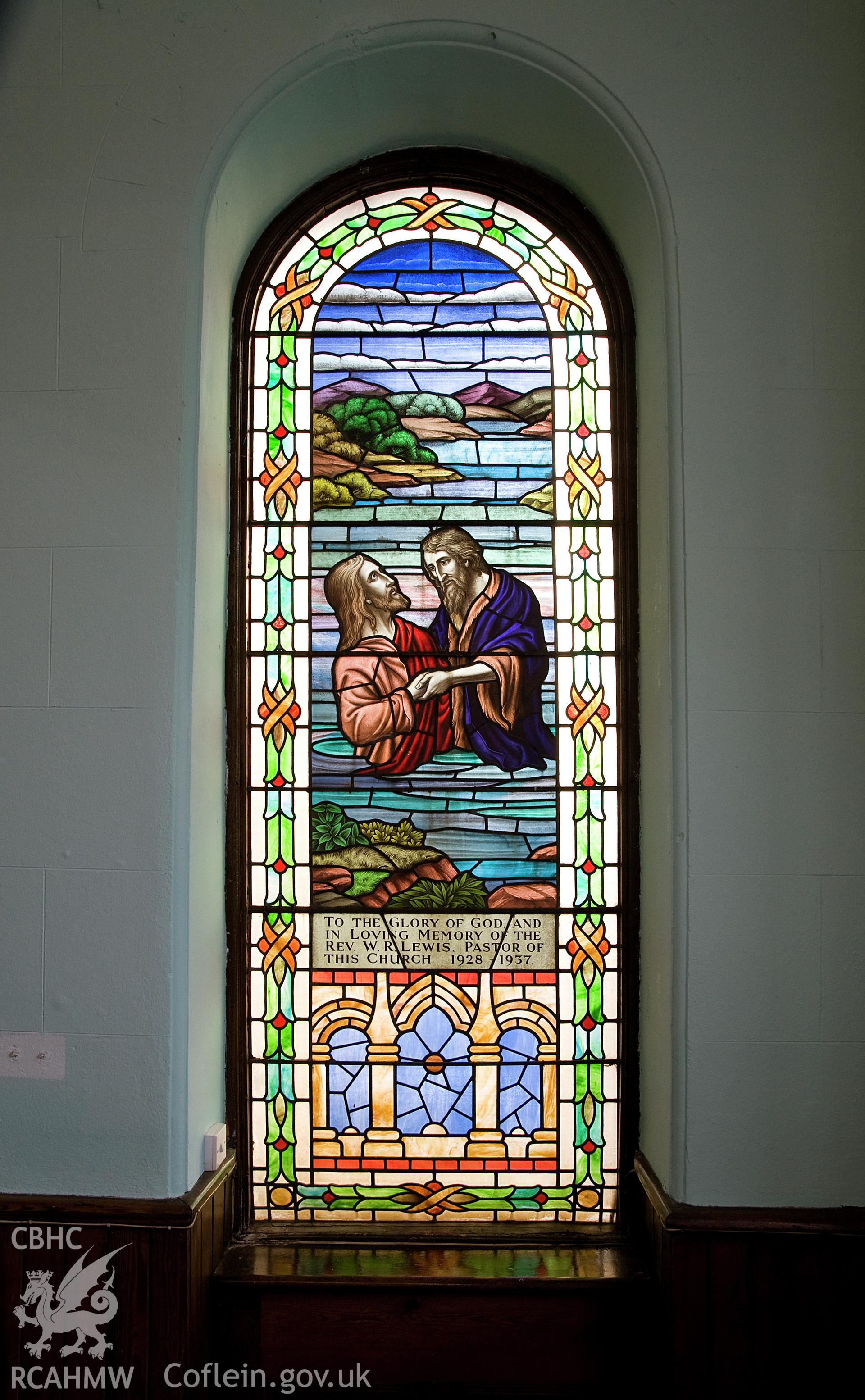 Hanbury Road baptist chapel, Bargoed, digital colour photograph showing memorial window flanking organ installed in 1938, received in the course of Emergency Recording case ref no RCS2/1/2247.