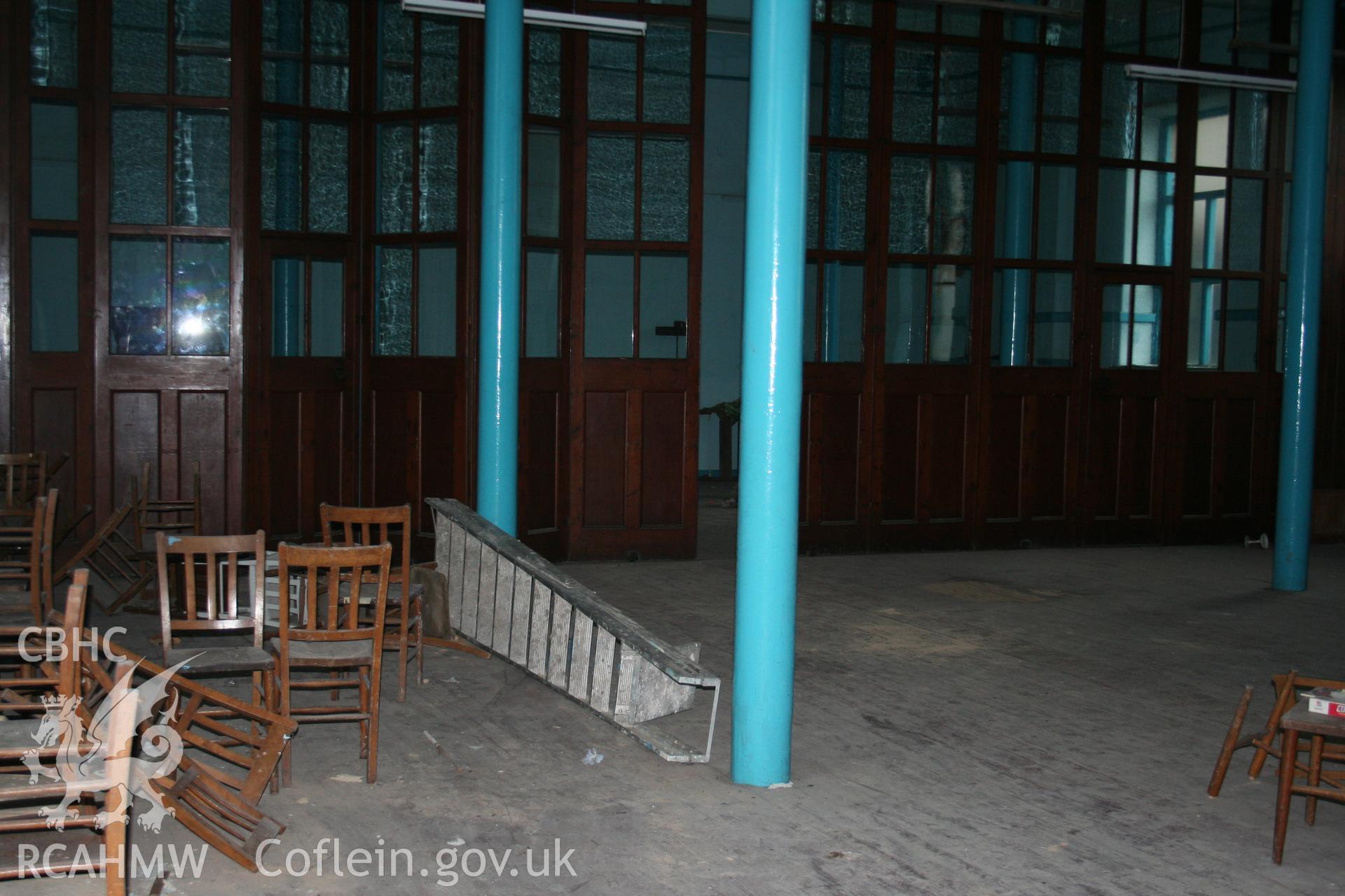 Hanbury Road baptist chapel, Bargoed, digital colour photograph showing interior - school room partition, received in the course of Emergency Recording case ref no RCS2/1/2247.