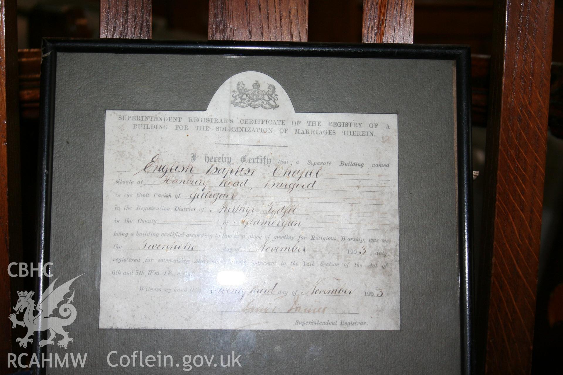 Hanbury Road baptist chapel, Bargoed, digital colour photograph showing Superintendant Registrar?s Certificate, 1903, received in the course of Emergency Recording case ref no RCS2/1/2247.