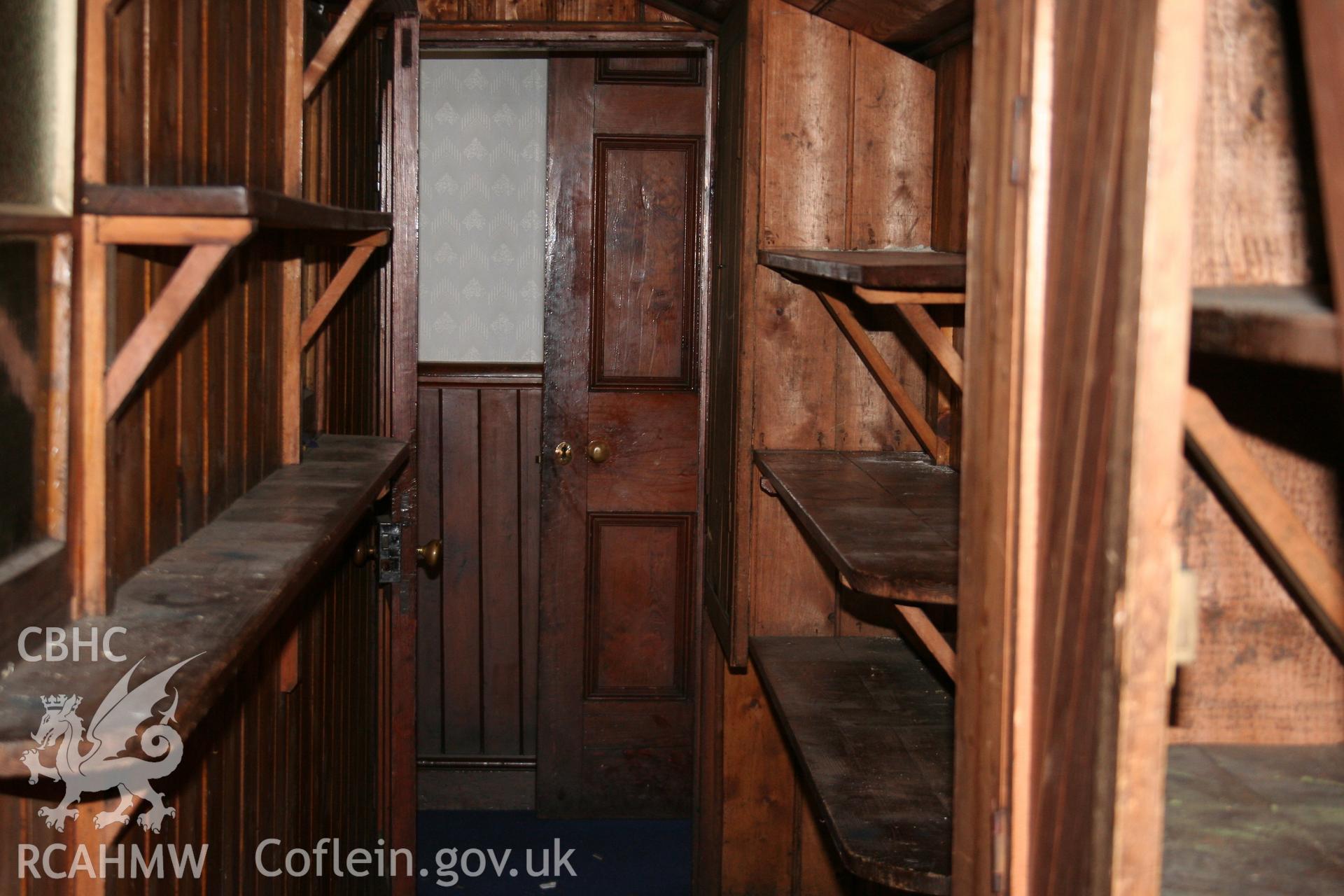 Hanbury Road baptist chapel, Bargoed, digital colour photograph showing wooden shelving, received in the course of Emergency Recording case ref no RCS2/1/2247.