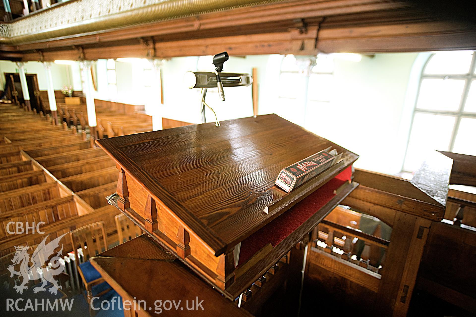 Hanbury Road baptist chapel, Bargoed, digital colour photograph showing pulpit, received in the course of Emergency Recording case ref no RCS2/1/2247.