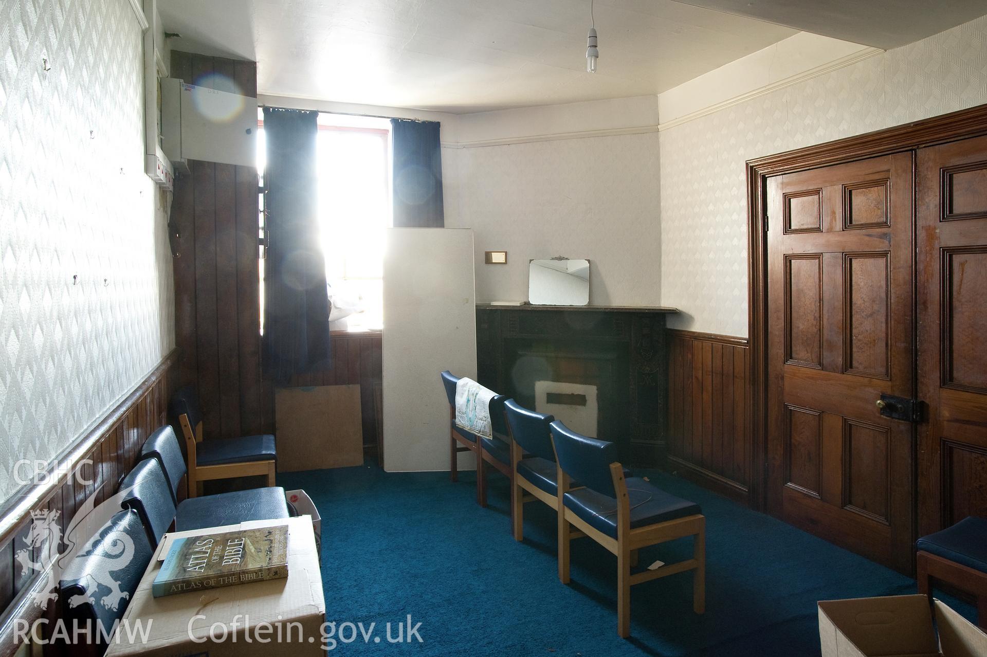 Hanbury Road baptist chapel, Bargoed, digital copy of a colour photograph showing former vestry used for worship 2010, received in the course of Emergency Recording case ref no RCS2/1/2247.