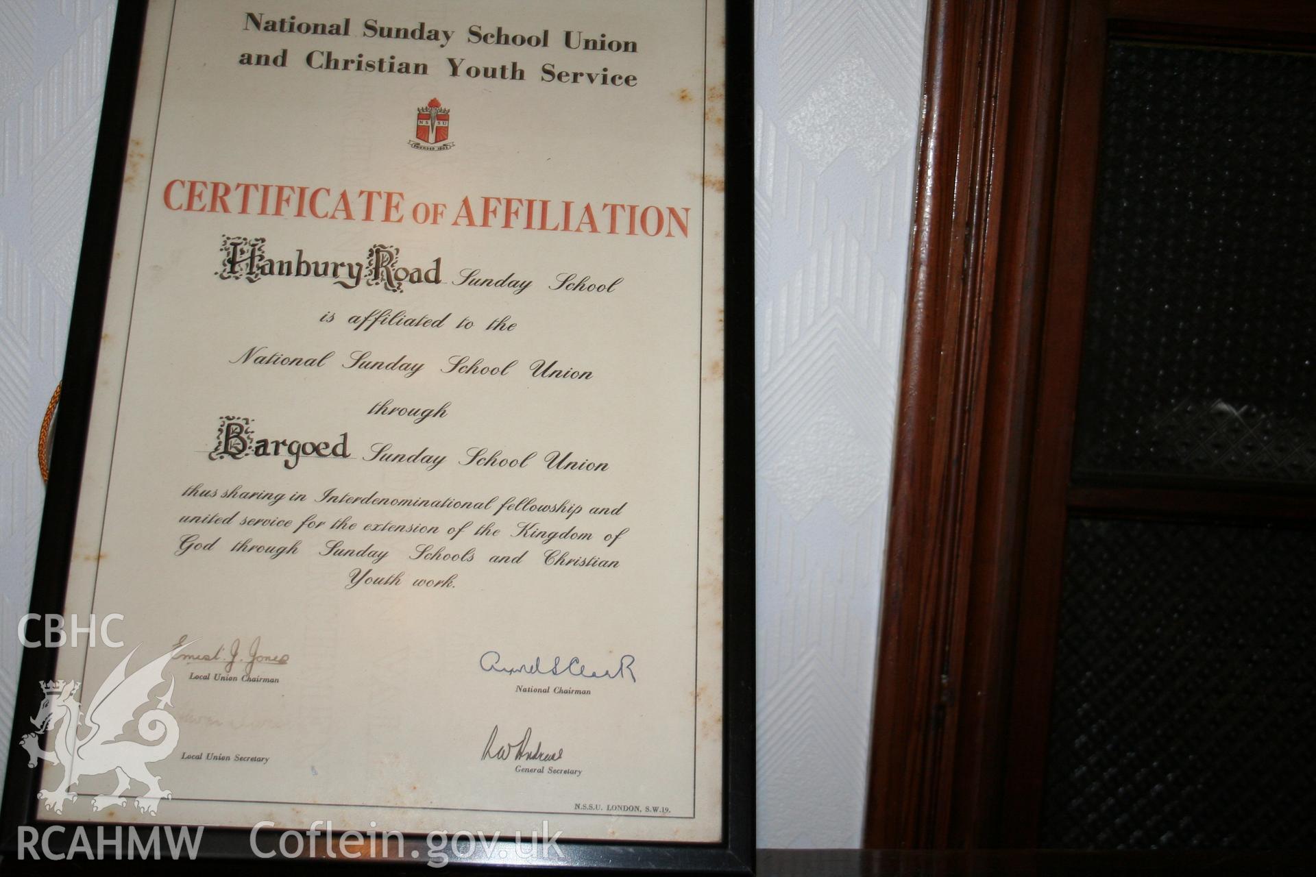 Hanbury Road baptist chapel, Bargoed, digital colour photograph showing Sunday School Affiliation Certificate, received in the course of Emergency Recording case ref no RCS2/1/2247.