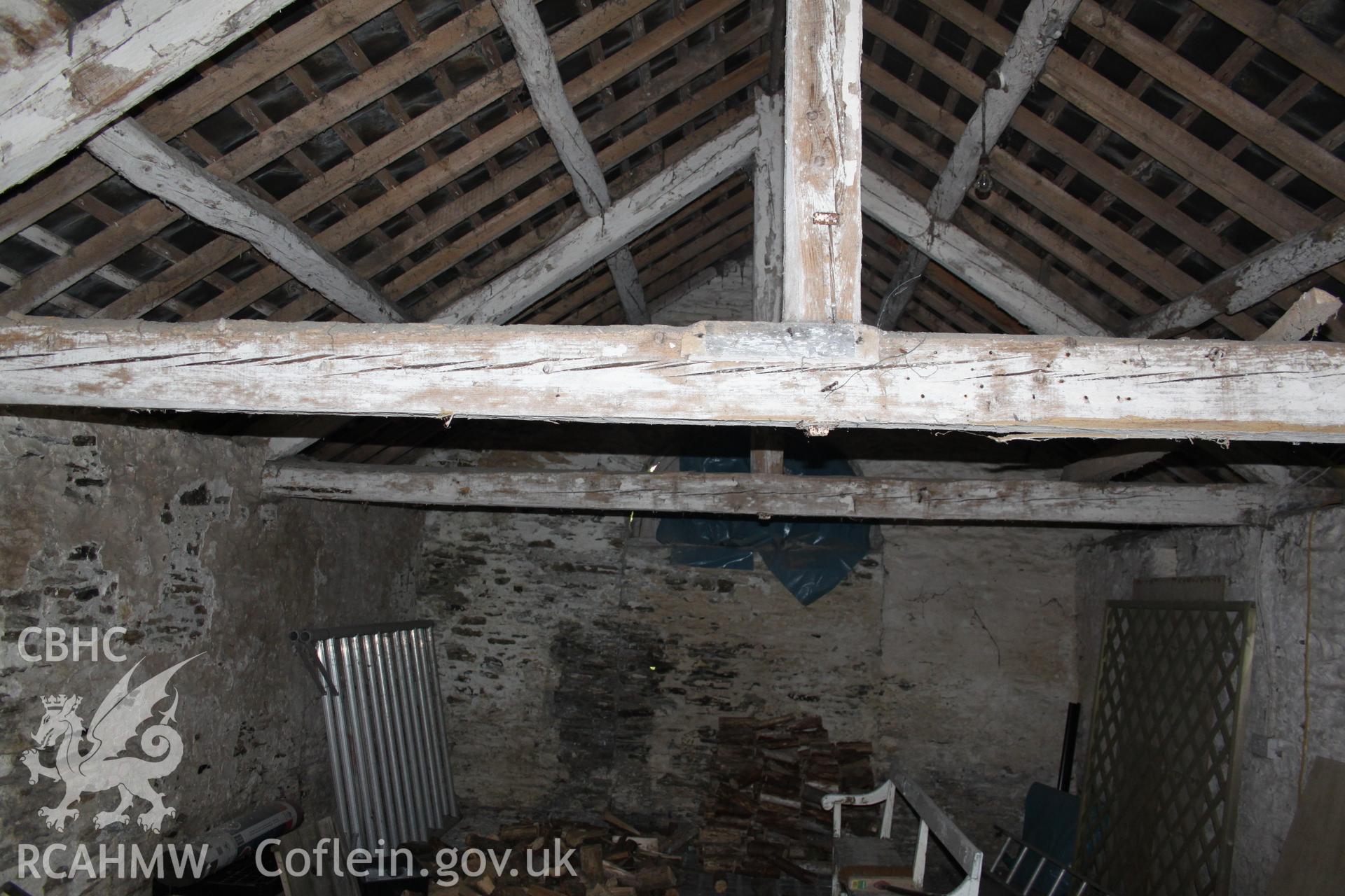 Pentre Farm: digital photograph showing interior of barn (roof timbers), received in the course of Emergency Recording case ref no RCS2/1/2780.