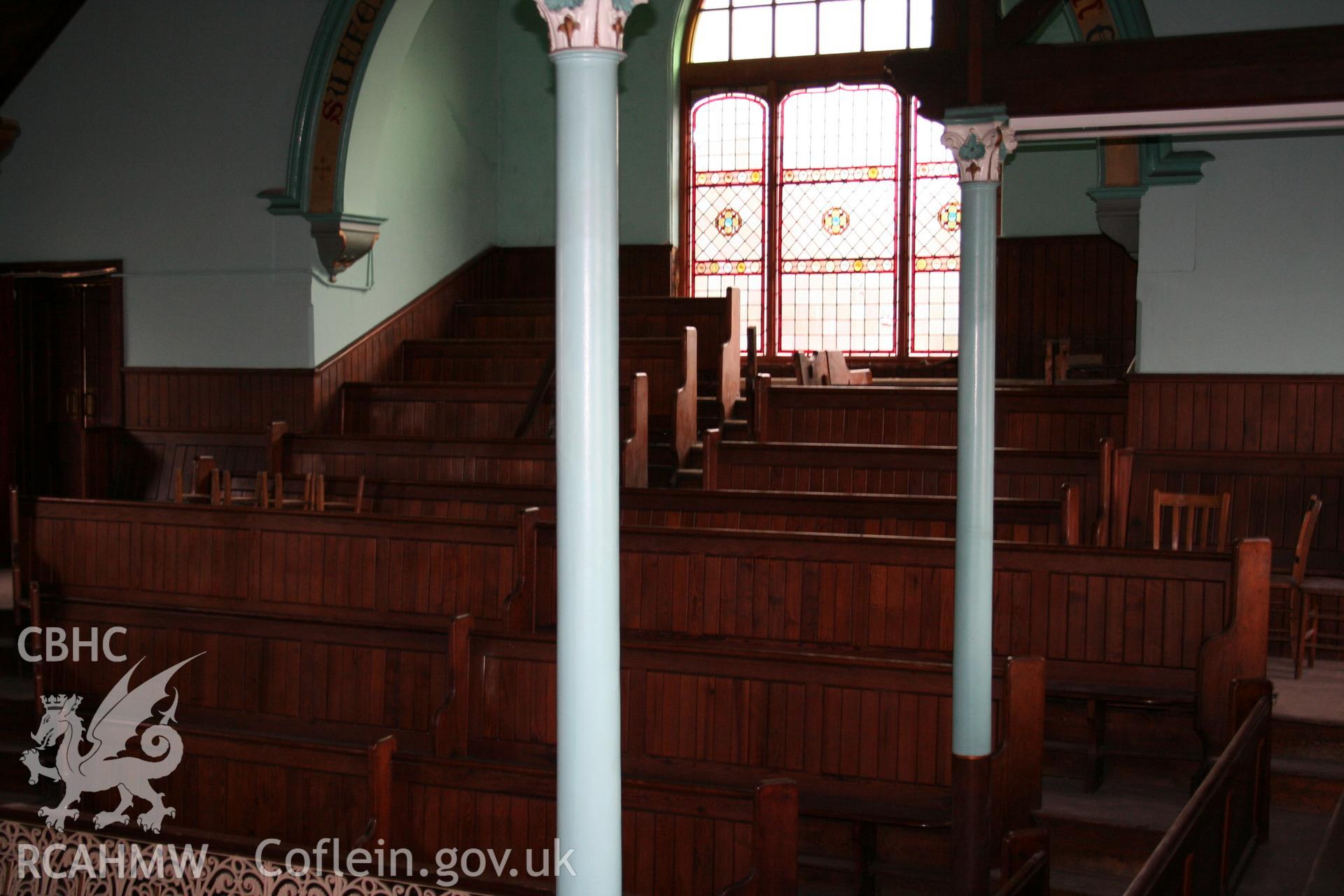 Hanbury Road baptist chapel, Bargoed, digital colour photograph showing interior - pews, received in the course of Emergency Recording case ref no RCS2/1/2247.