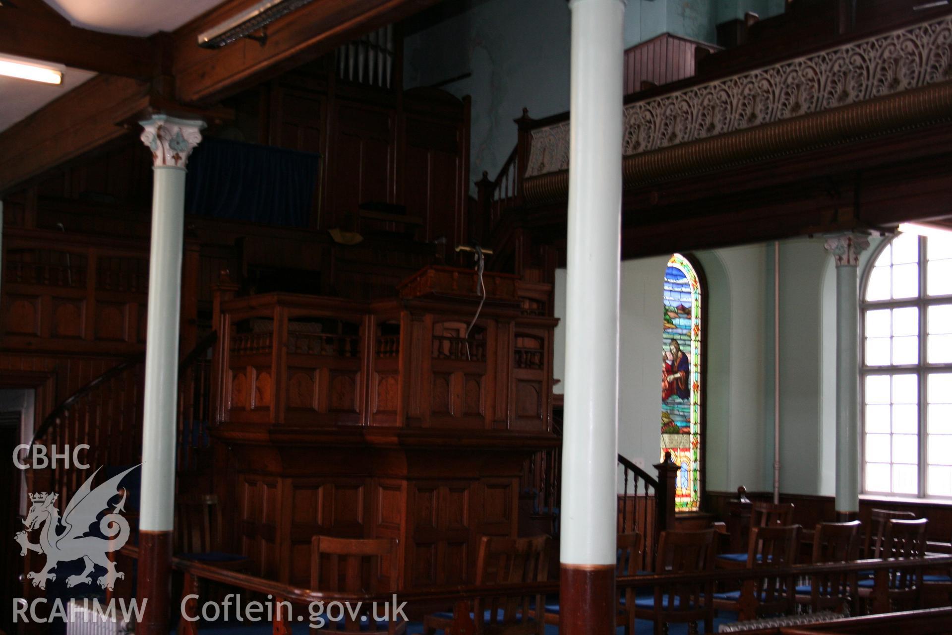 Hanbury Road baptist chapel, Bargoed, digital colour photograph showing interior - stained glass, received in the course of Emergency Recording case ref no RCS2/1/2247.