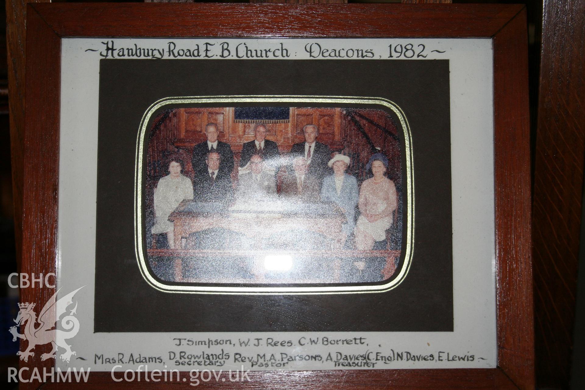 Hanbury Road baptist chapel, Bargoed, digital colour photograph showing Hanbury Road Chapel: Deacons, 1982, received in the course of Emergency Recording case ref no RCS2/1/2247.