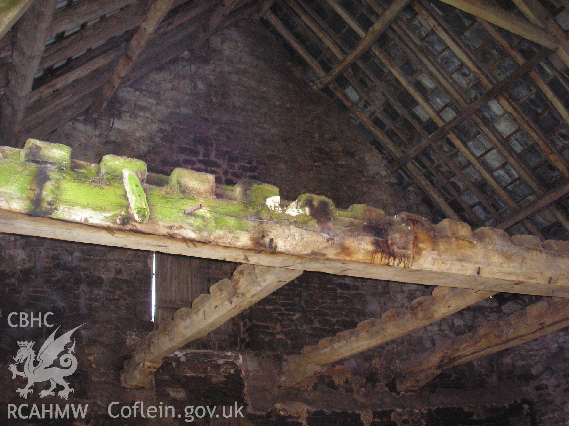 Interior of barn showing roof timbers