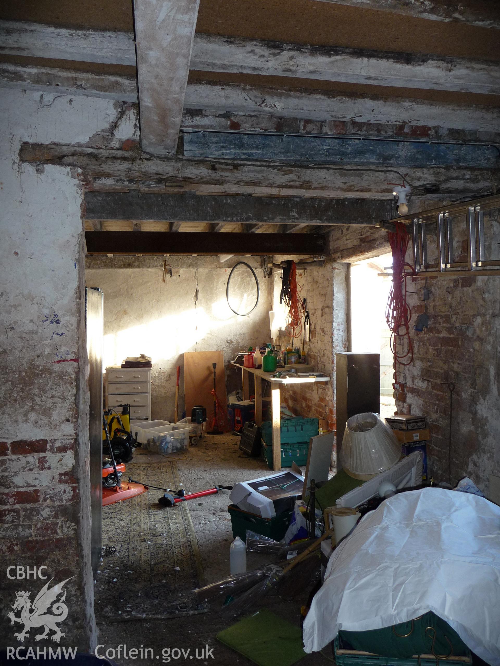 Digital photograph showing view of interior of barn at Marchwiel Old Hall